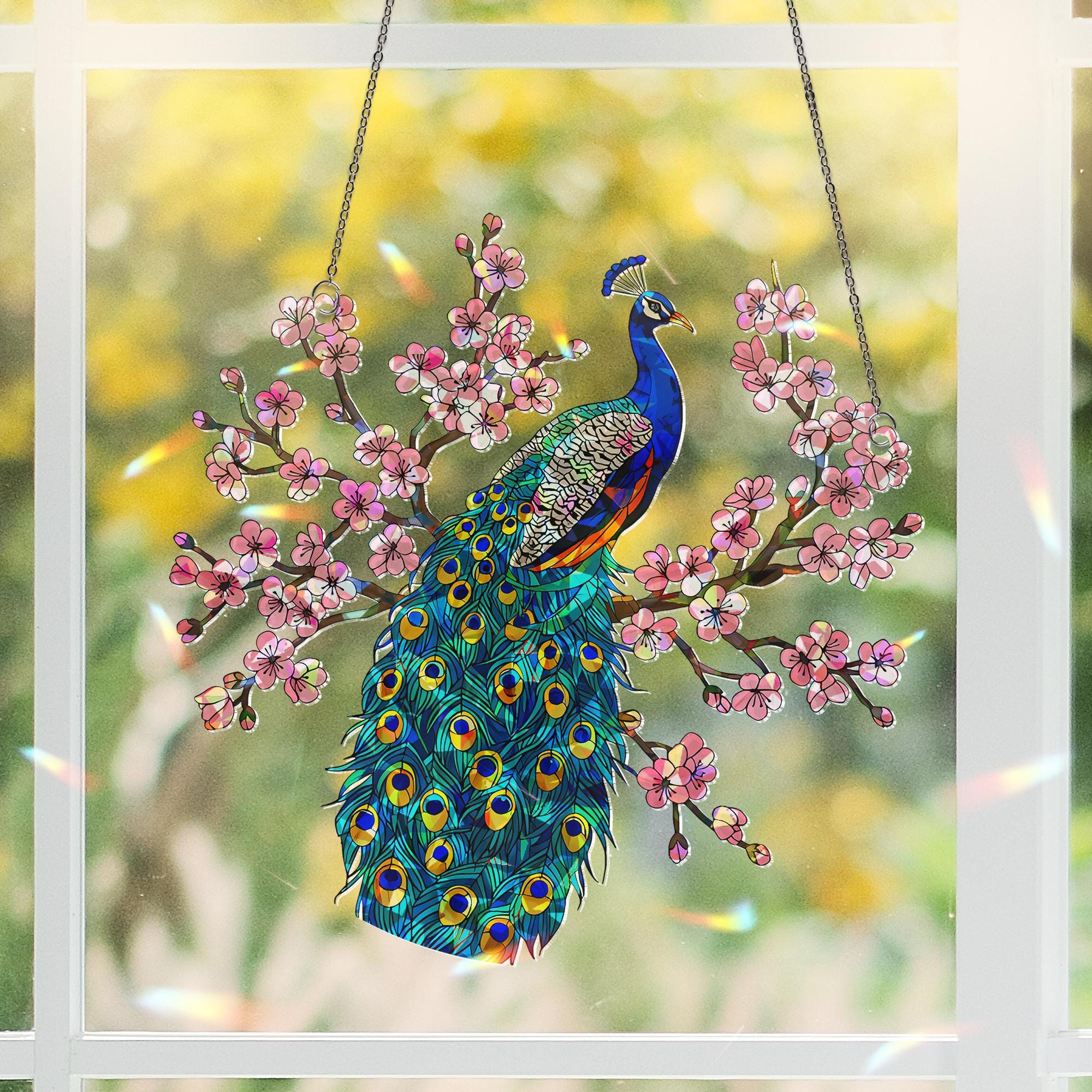Peacock on Cherry Blossom Branch Acrylic Hologram, Iridescent Wall Art, Mother's Day Gift, Elegant Bird Decor, Nature Gift, Gift For Mom