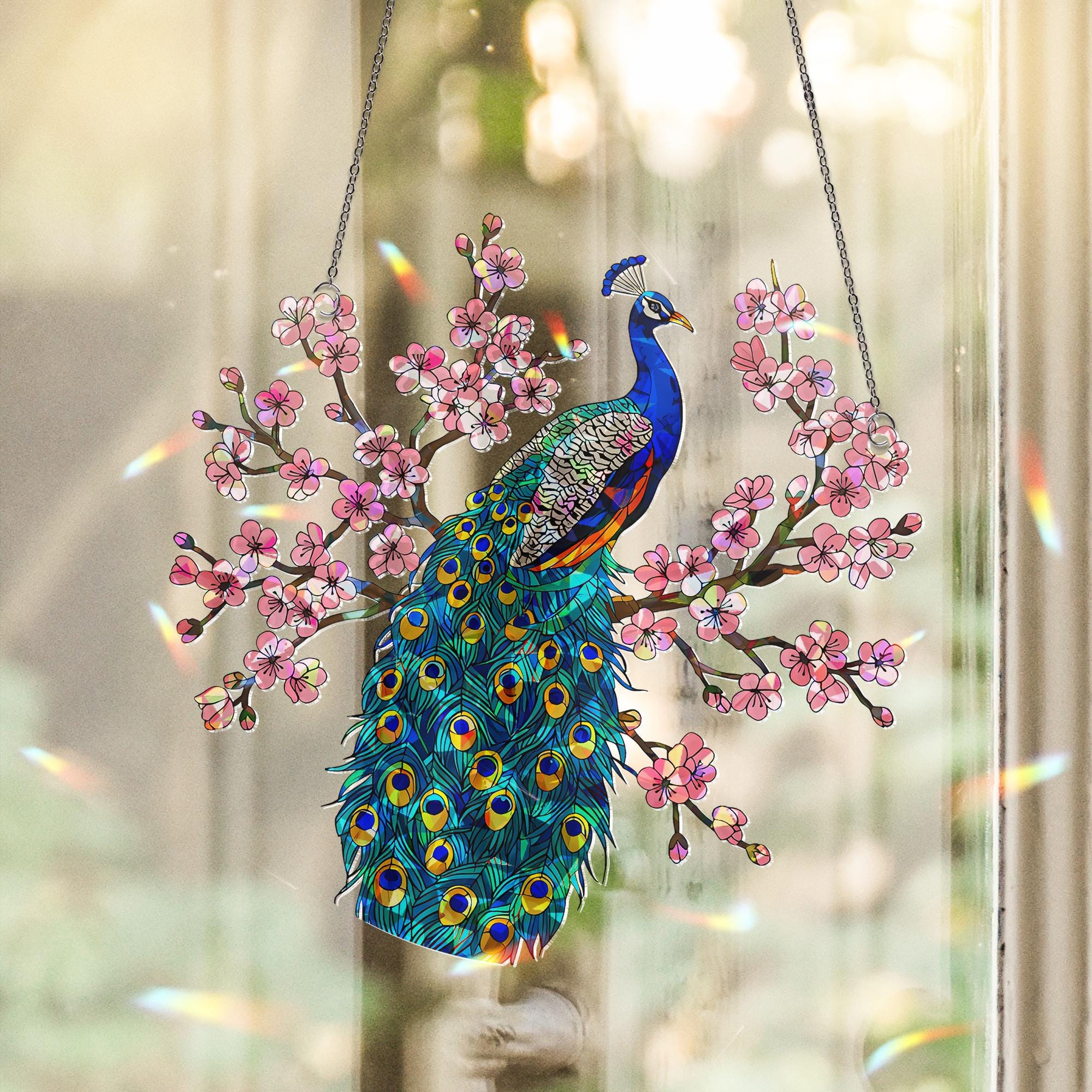 Peacock on Cherry Blossom Branch Acrylic Hologram, Iridescent Wall Art, Mother's Day Gift, Elegant Bird Decor, Nature Gift, Gift For Mom