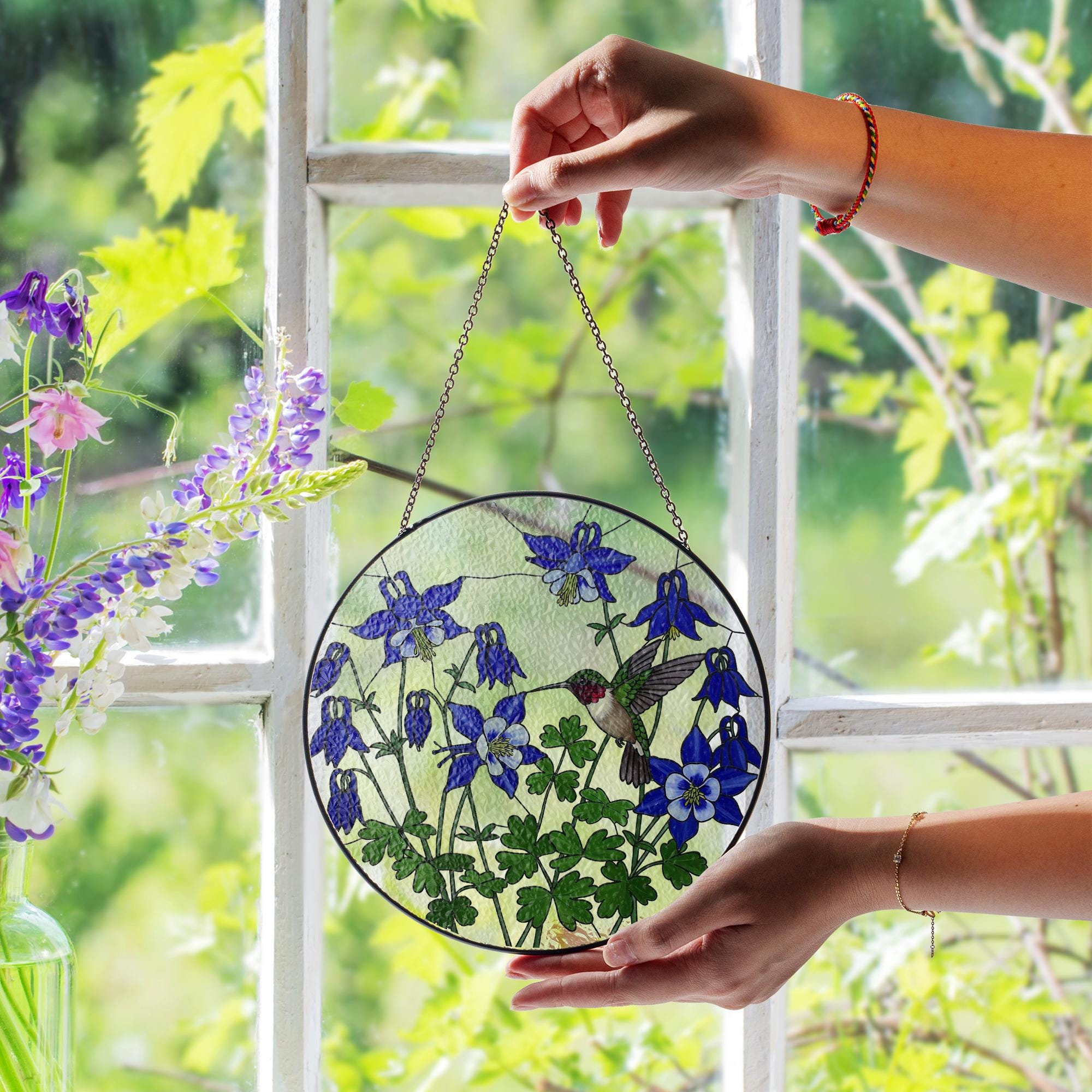 Hummingbird and Blue Columbine Flower Glass Suncatcher | Mother’s Day Gift for Mom or Grandma | Floral Window Hanging Garden Decor