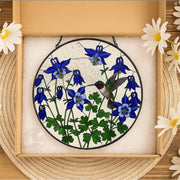 Hummingbird and Blue Columbine Flower Glass Suncatcher | Mother’s Day Gift for Mom or Grandma | Floral Window Hanging Garden Decor