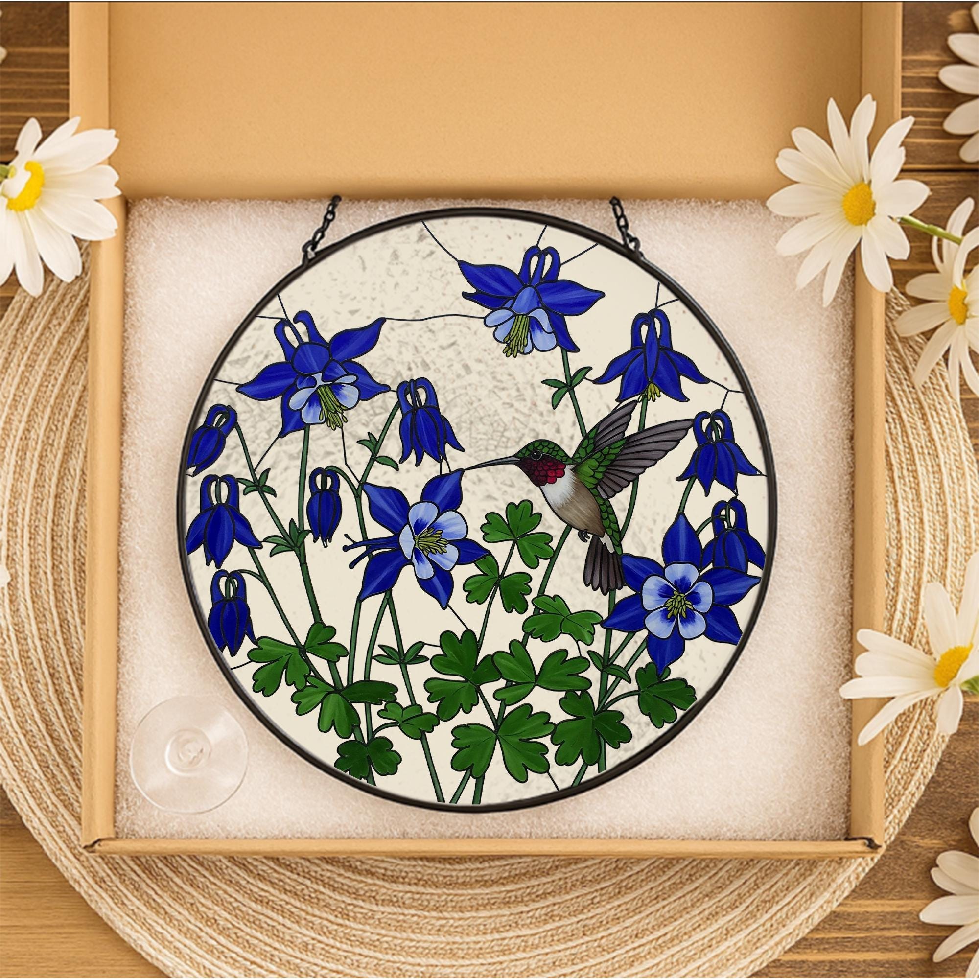 Hummingbird and Blue Columbine Flower Glass Suncatcher | Mother’s Day Gift for Mom or Grandma | Floral Window Hanging Garden Decor