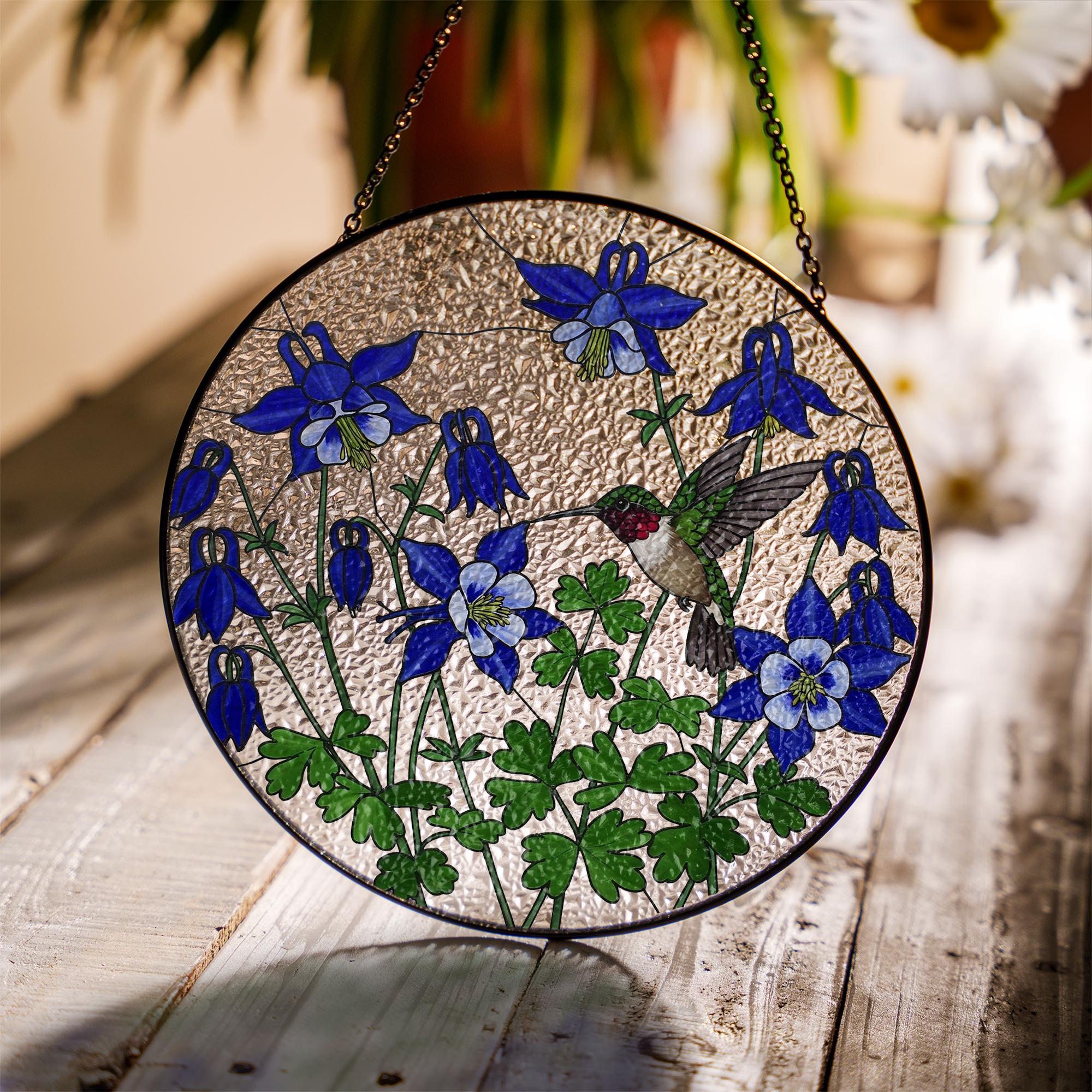 Hummingbird and Blue Columbine Flower Glass Suncatcher | Mother’s Day Gift for Mom or Grandma | Floral Window Hanging Garden Decor