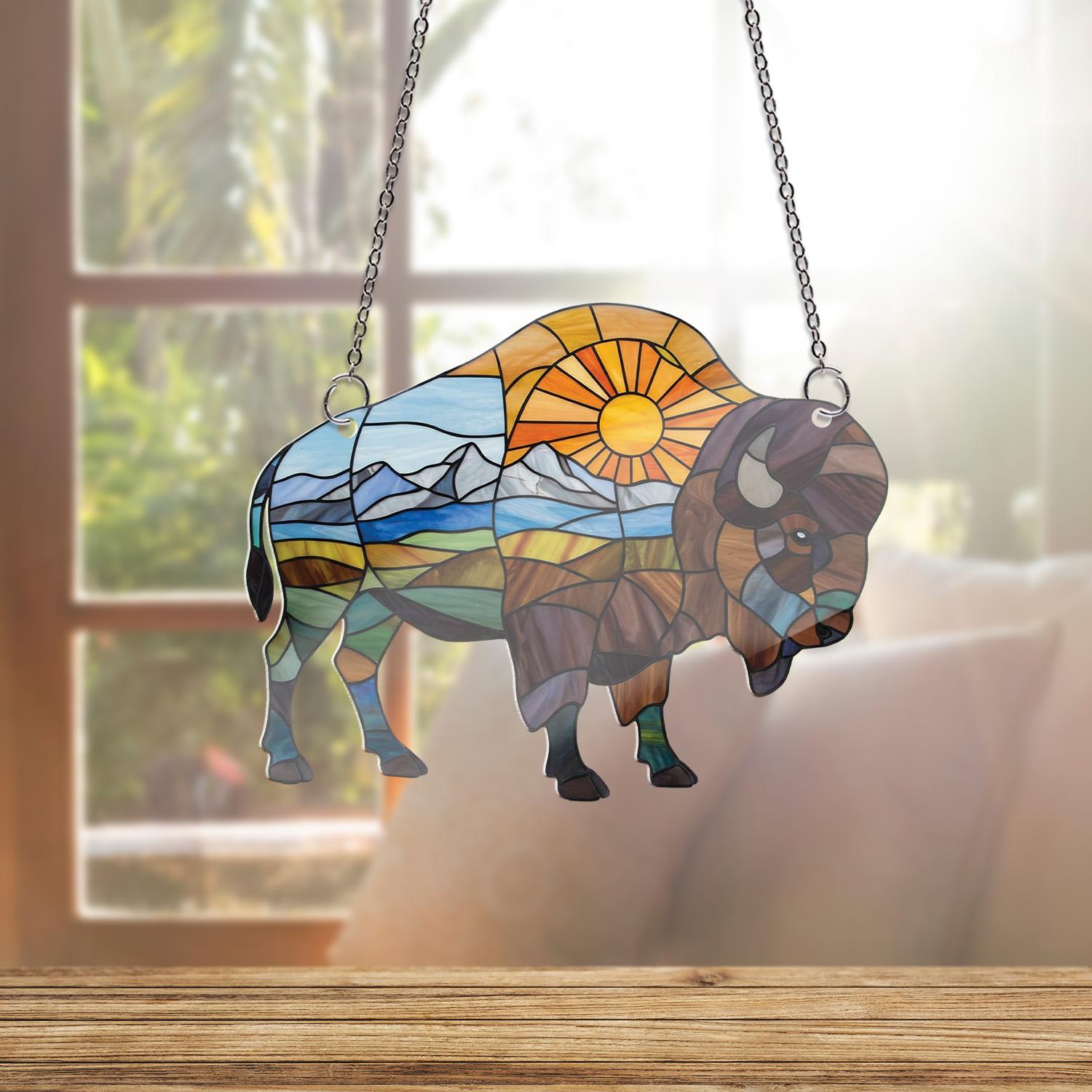 Bison in Nature Field with Sun ACRYLIC Window Hanging – Perfect Gift for Dad, Stunning Wildlife & Nature Decor, Father's Day Window Art