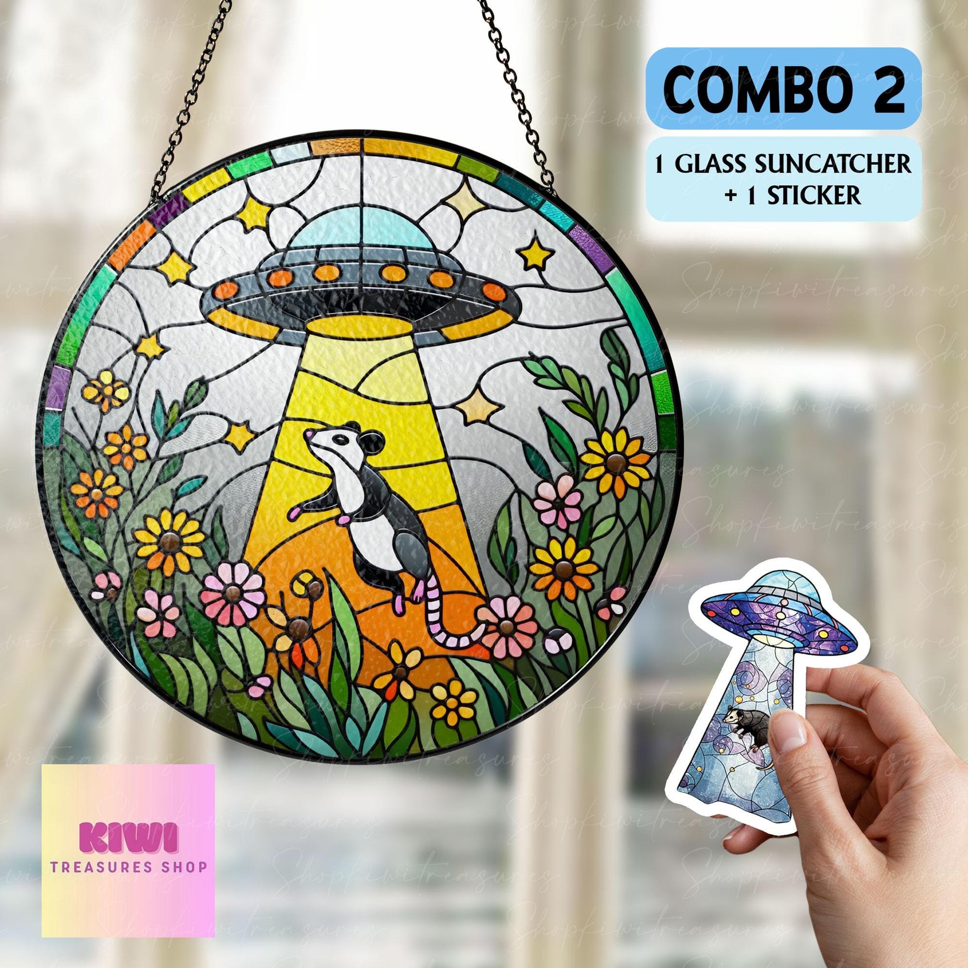 Mother's day gift set 2025 - UFO Abduction Opossum Wildflowers Glass Suncatcher - Funny Gifts for Window Hanging, Indoor Decor, Opossum Sign