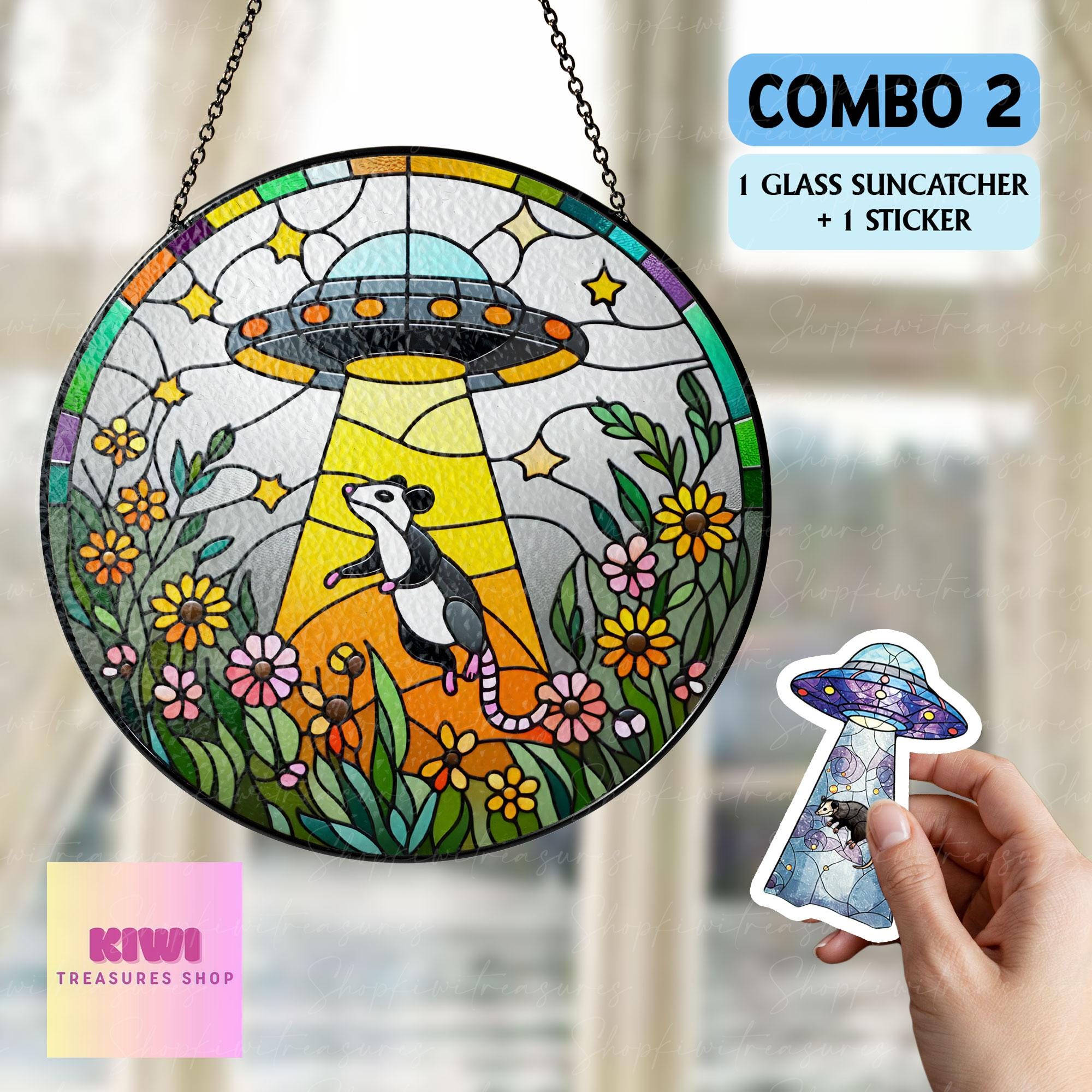 Mother's day gift set 2025 - UFO Abduction Opossum Wildflowers Glass Suncatcher - Funny Gifts for Window Hanging, Indoor Decor, Opossum Sign