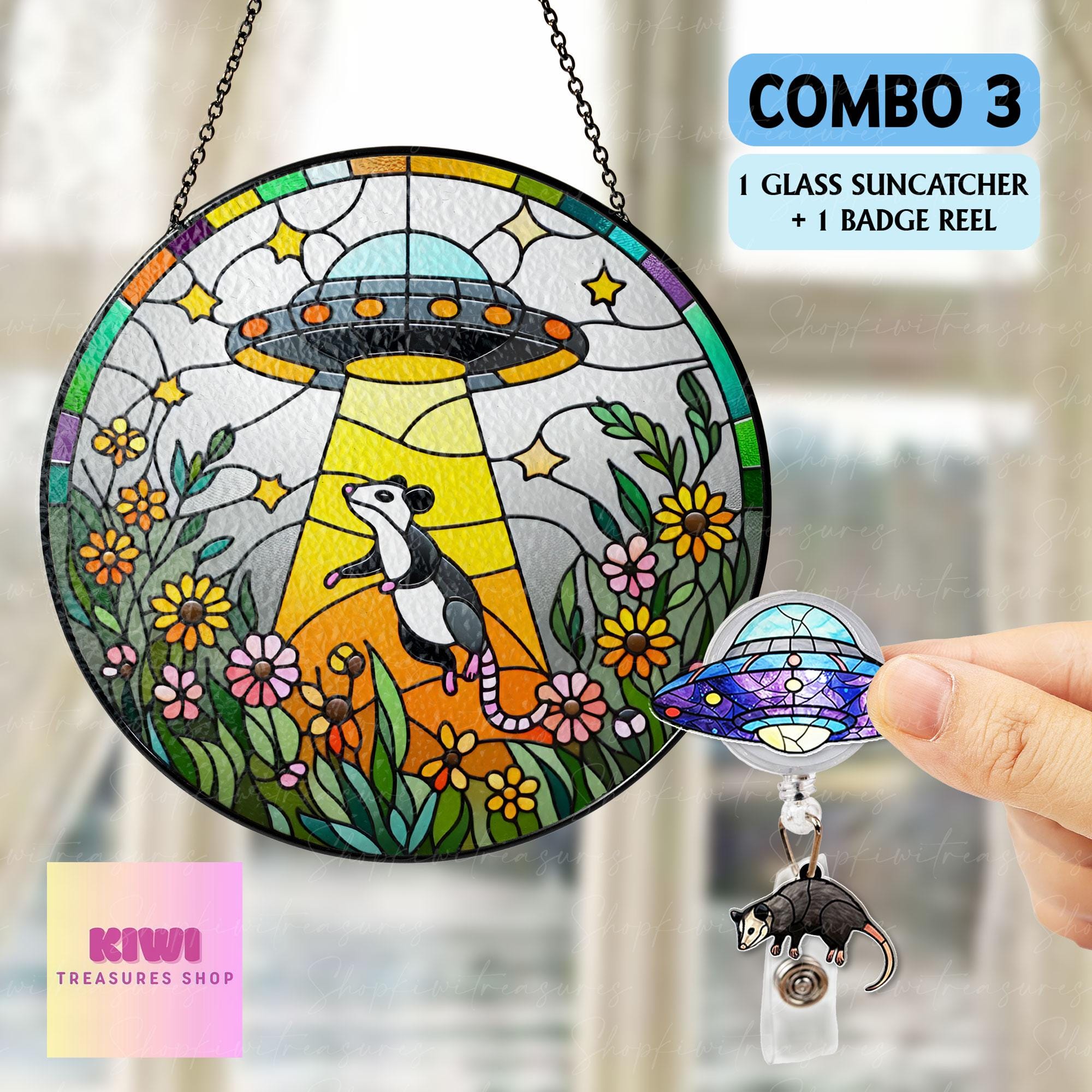 Mother's day gift set 2025 - UFO Abduction Opossum Wildflowers Glass Suncatcher - Funny Gifts for Window Hanging, Indoor Decor, Opossum Sign