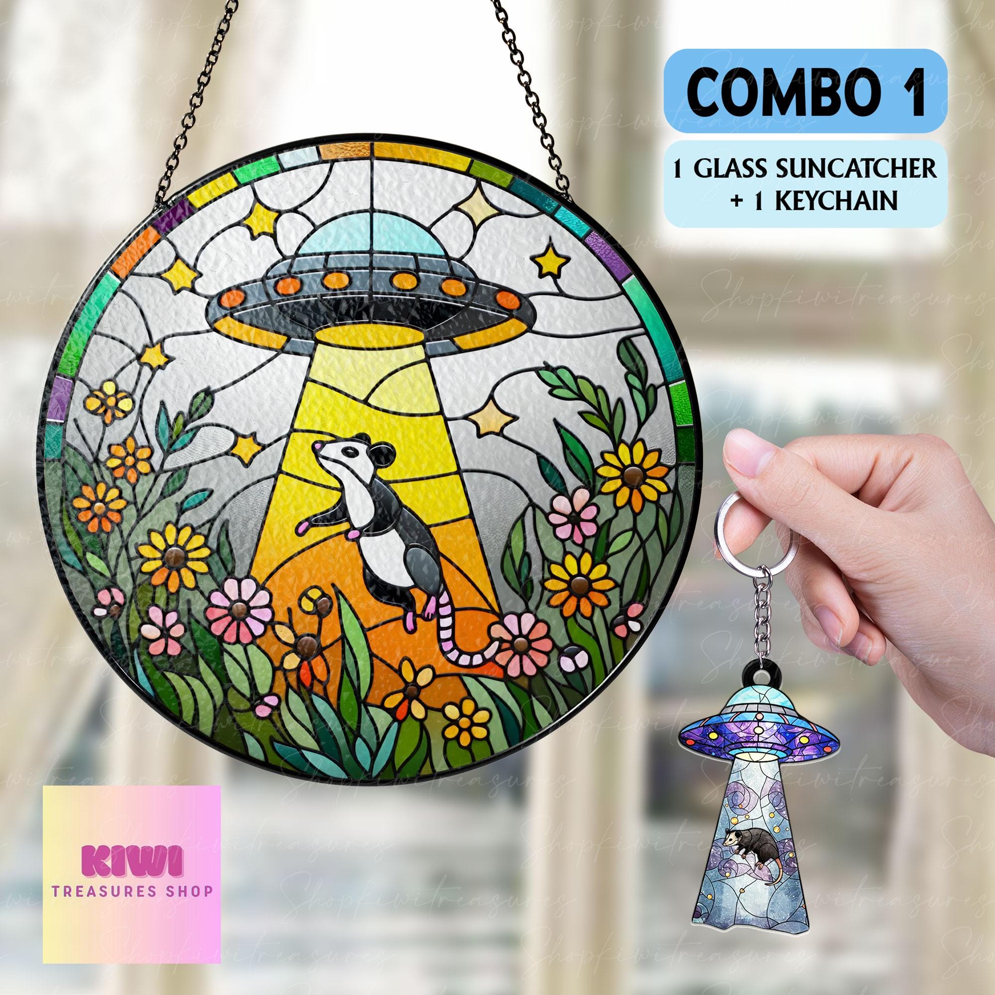 Mother's day gift set 2025 - UFO Abduction Opossum Wildflowers Glass Suncatcher - Funny Gifts for Window Hanging, Indoor Decor, Opossum Sign