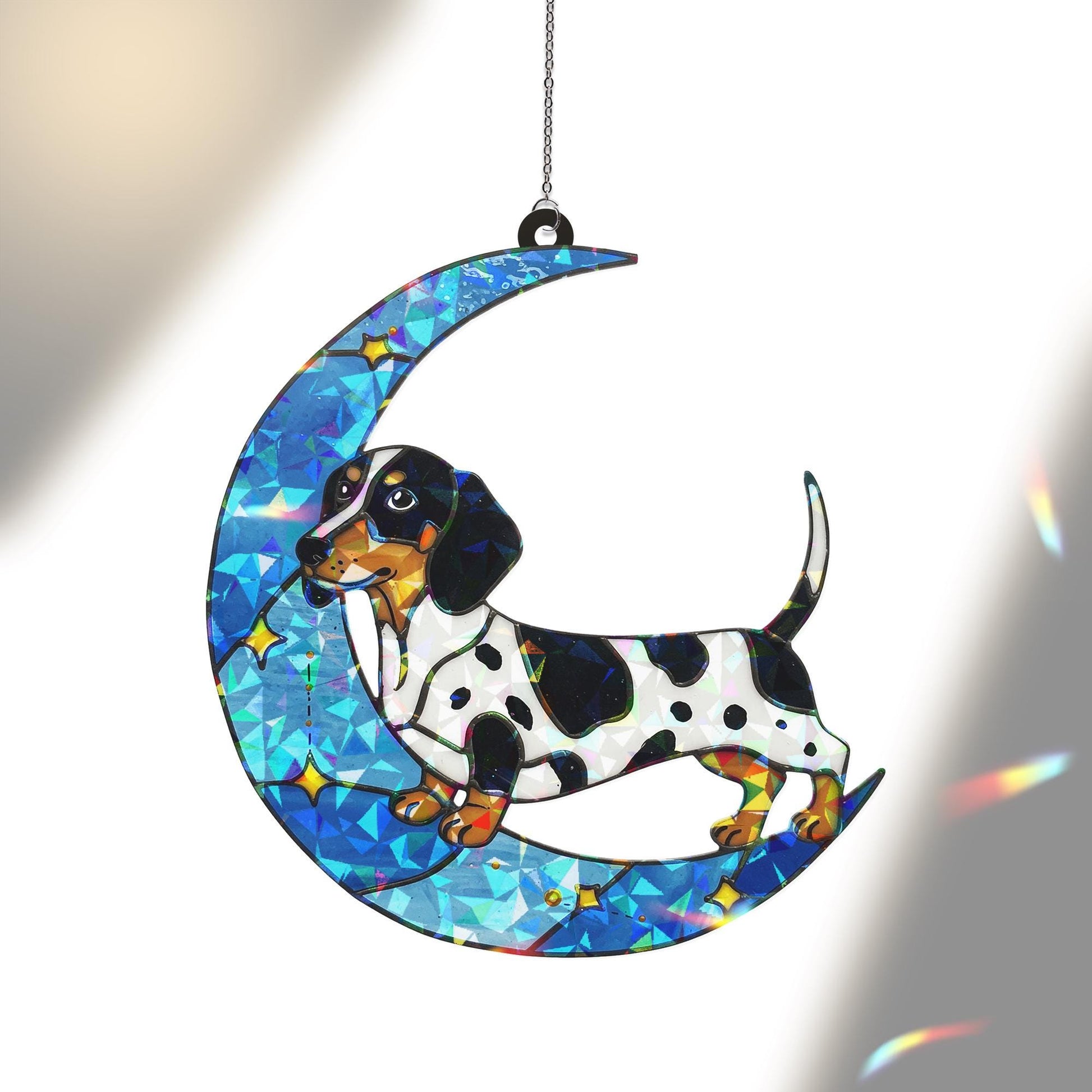 Piebald Dachshund on crescent moon Hologram Acrylic Window hanging, Handcrafted dachshund Decor, dog mom gift, Mother's day gift 2025