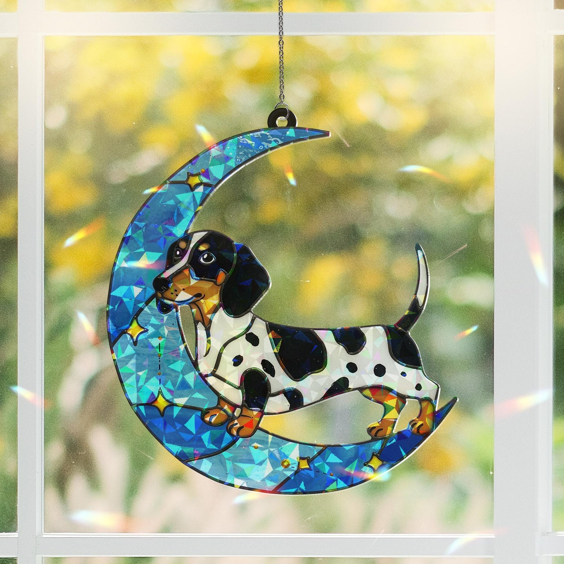 Piebald Dachshund on crescent moon Hologram Acrylic Window hanging, Handcrafted dachshund Decor, dog mom gift, Mother's day gift 2025