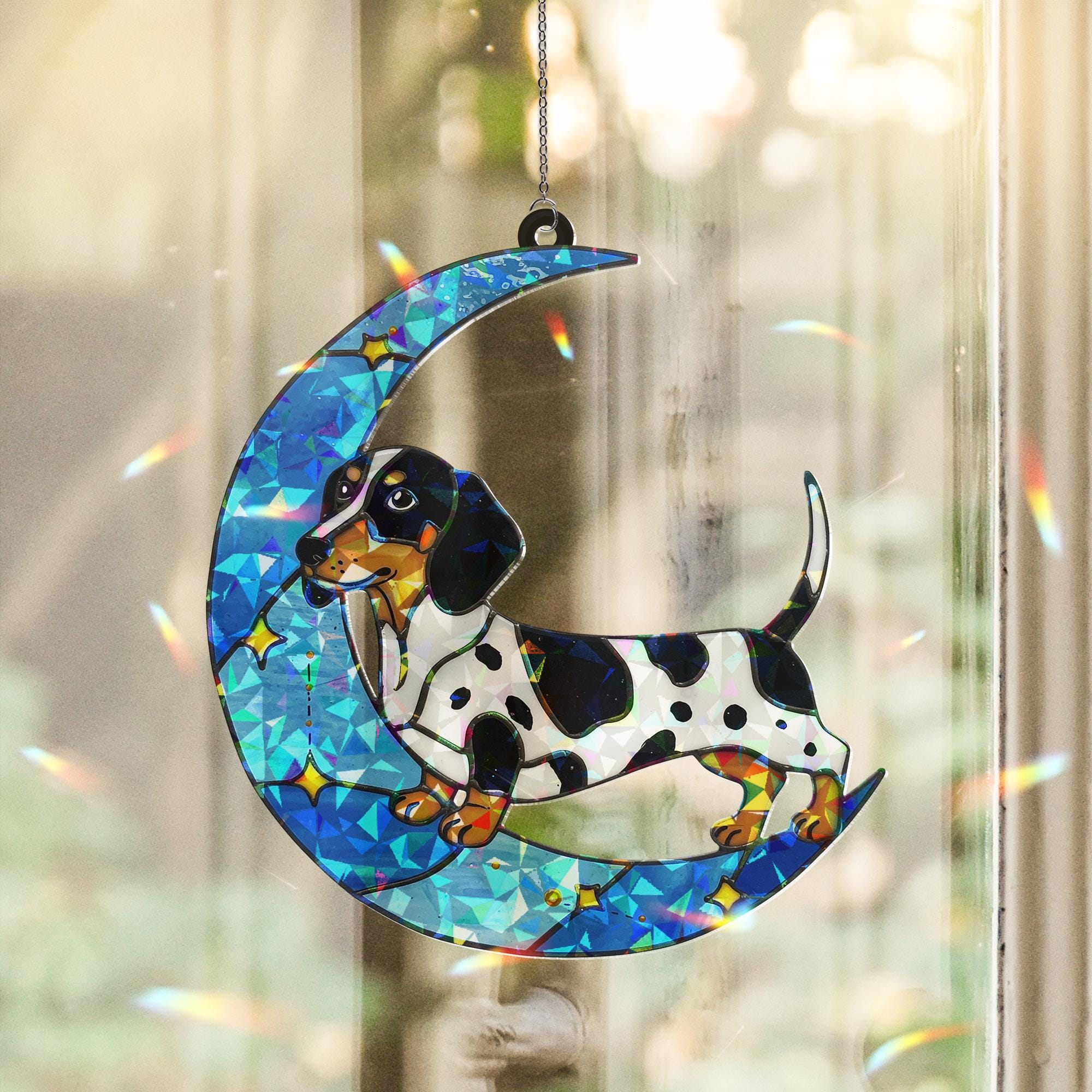 Piebald Dachshund on crescent moon Hologram Acrylic Window hanging, Handcrafted dachshund Decor, dog mom gift, Mother's day gift 2025
