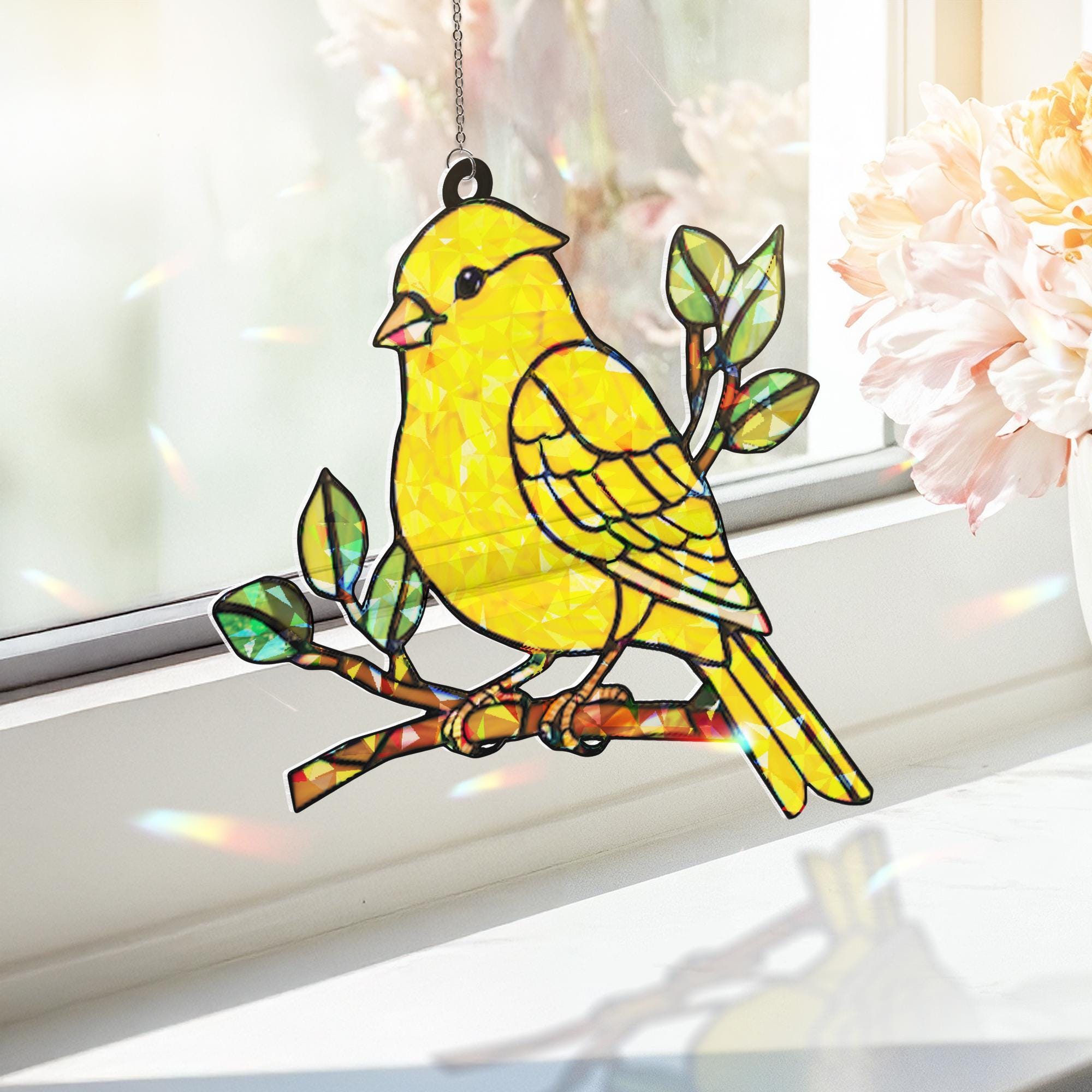 Yellow Canary Bird Hologram suncatcher acrylic window hanging, Bird nerd lover gift, gift for mom, Kitchen decor, Mother's day gift set 2025