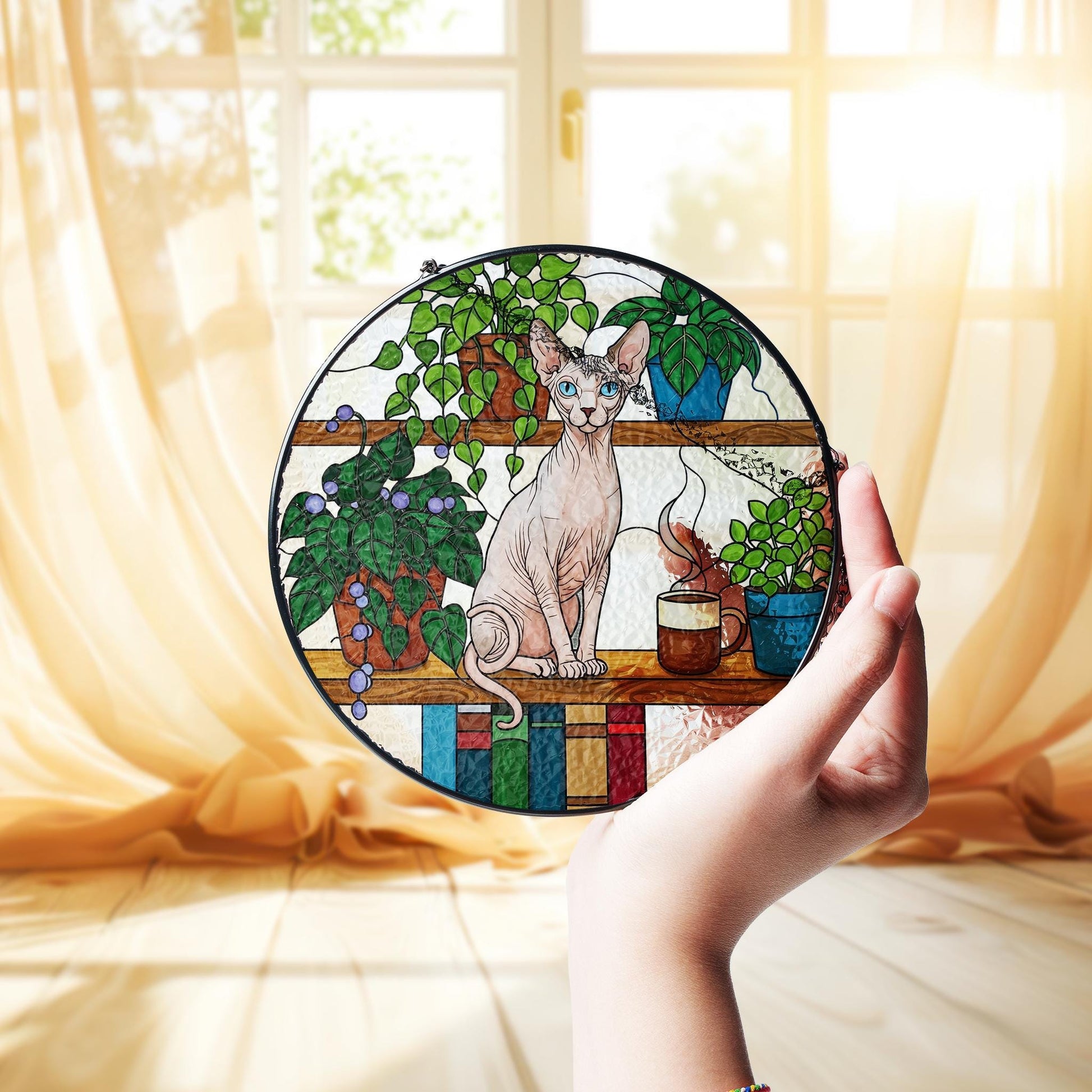 Sphynx Sitting On Bookshelf GLASS Suncatcher, Sphynx Lover Decor, Sphynx MOm Gift, Gift For Cat Mom, Mother's Day Gift, Sphynx Wall Art