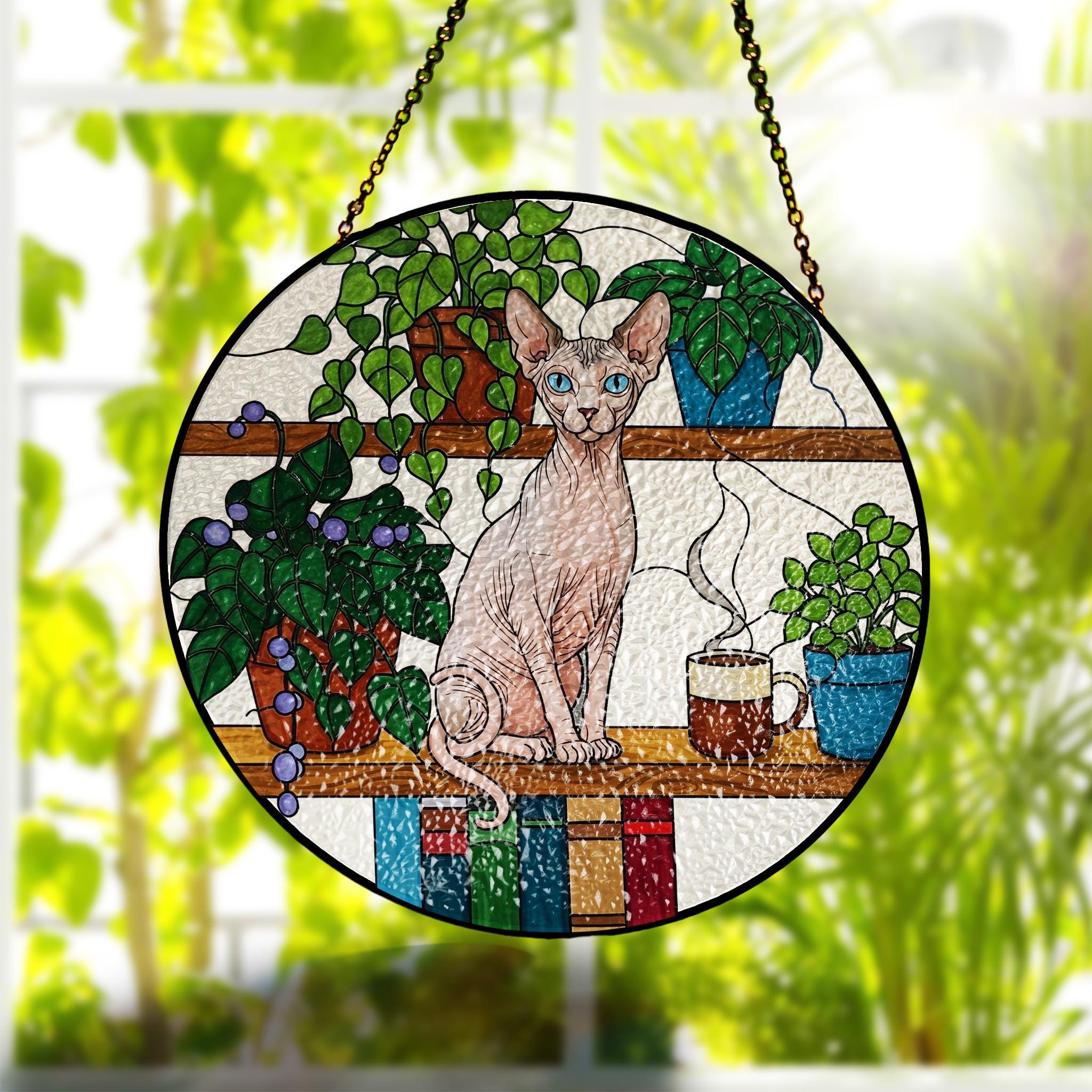 Sphynx Sitting On Bookshelf GLASS Suncatcher, Sphynx Lover Decor, Sphynx MOm Gift, Gift For Cat Mom, Mother's Day Gift, Sphynx Wall Art