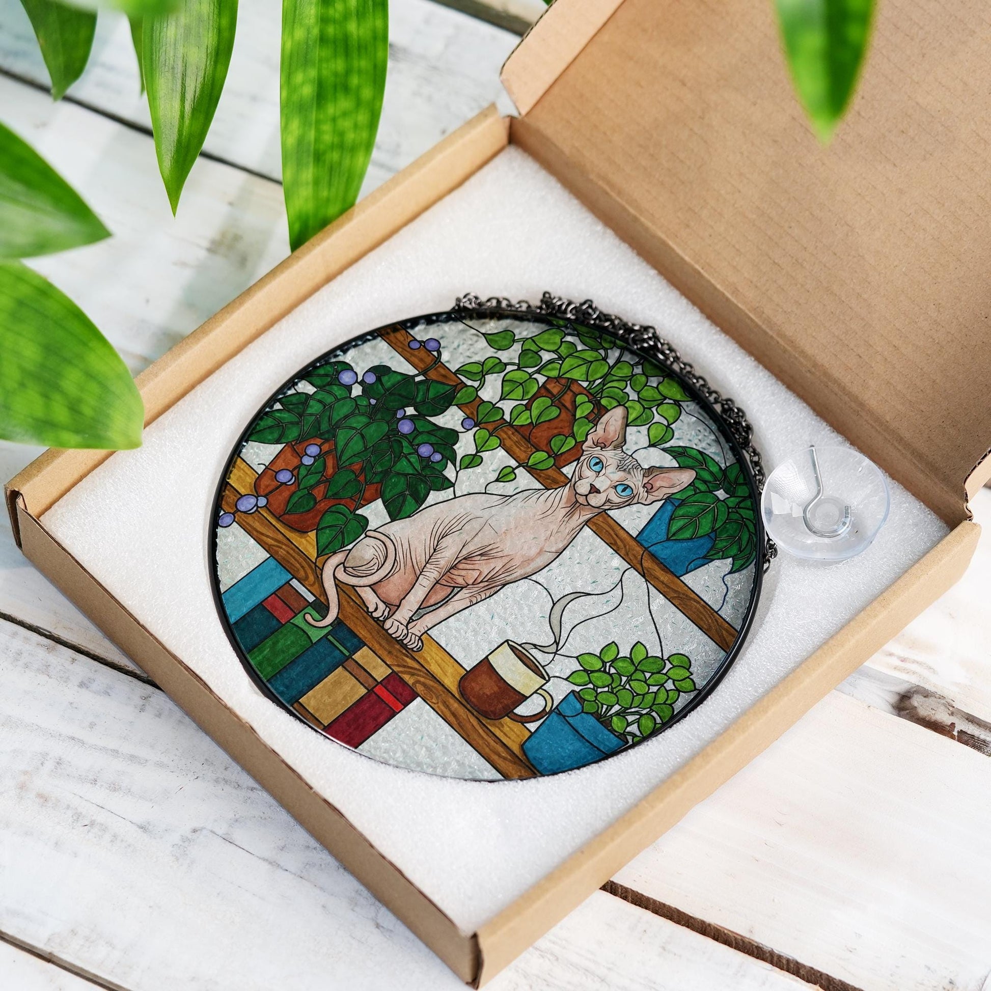 Sphynx Sitting On Bookshelf GLASS Suncatcher, Sphynx Lover Decor, Sphynx MOm Gift, Gift For Cat Mom, Mother's Day Gift, Sphynx Wall Art