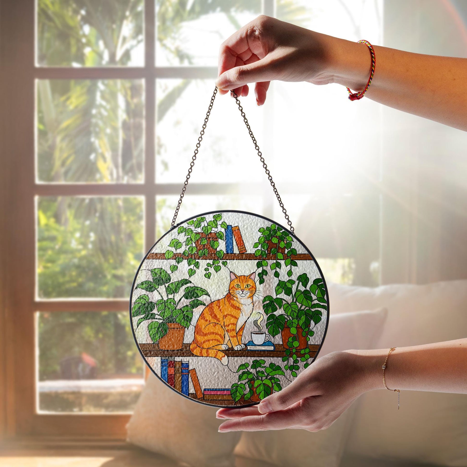 Orange Cat Sitting On Bookshelf GLASS Suncatcher, Orange Cat Lover Decor, Cat Mom Gift, Gift For Cat Mom, Mother's Day Gift, Cat Wall Art