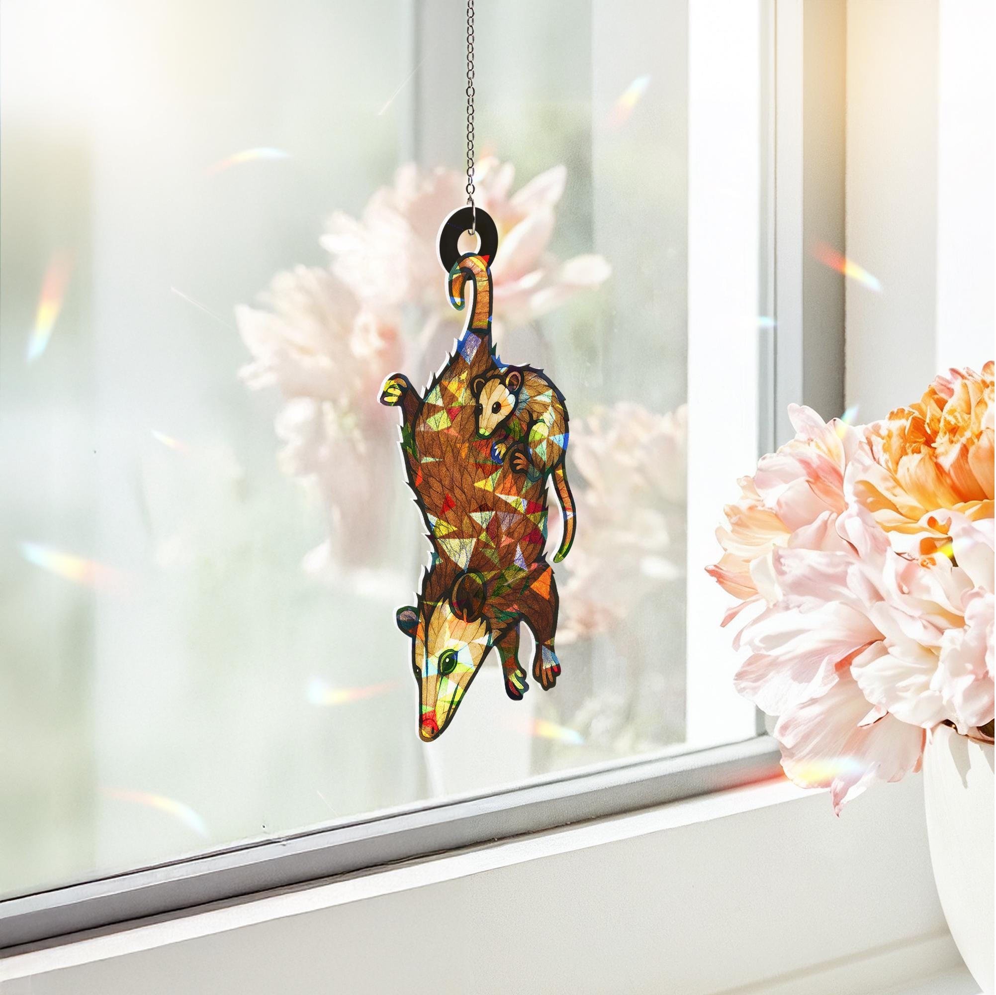 Mother's day gift 2025- Funny upside down opossum mom Hologram Acrylic Window hanging, Handcrafted Possum Decor, weird mom idea gift