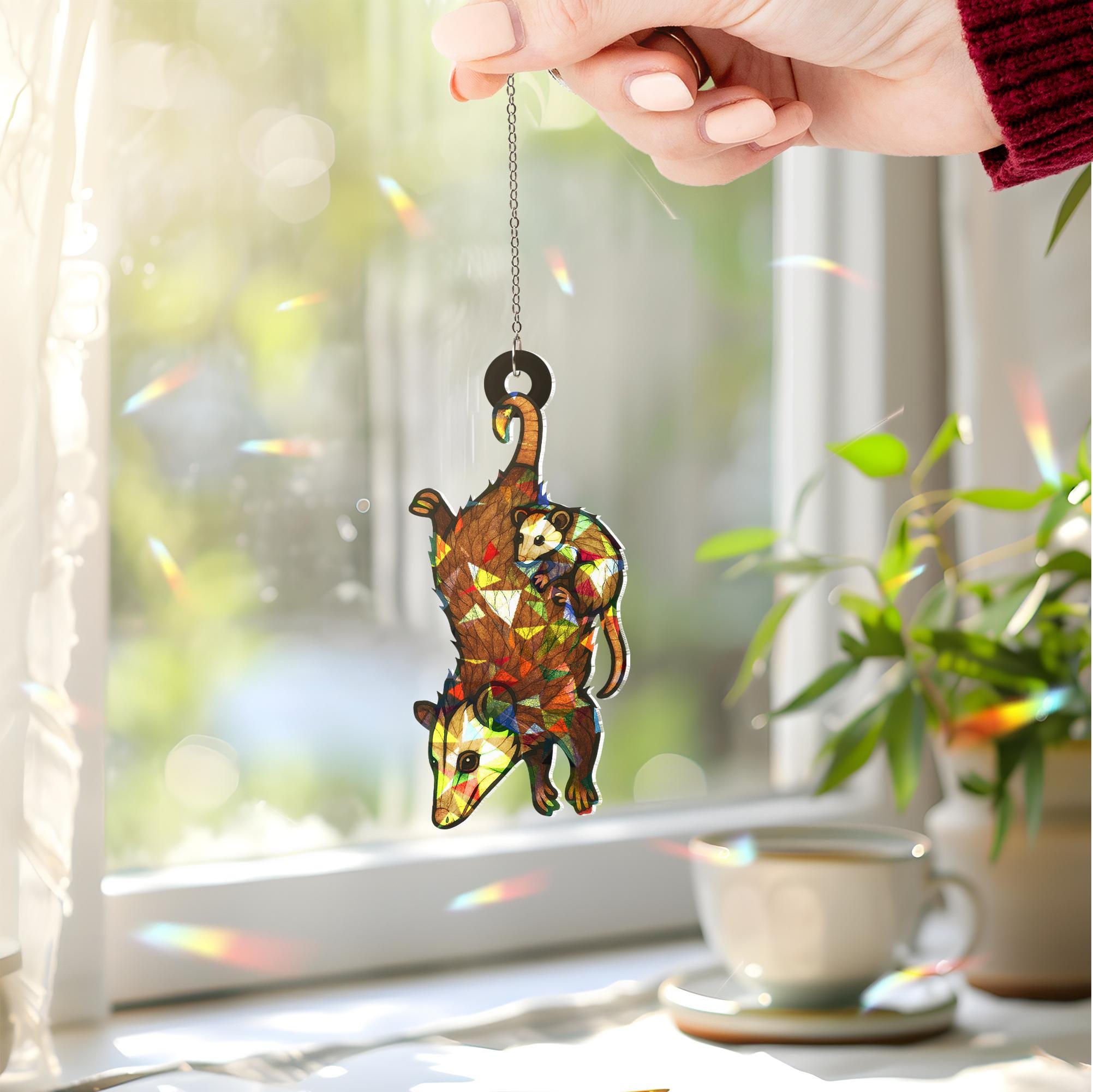 Mother's day gift 2025- Funny upside down opossum mom Hologram Acrylic Window hanging, Handcrafted Possum Decor, weird mom idea gift