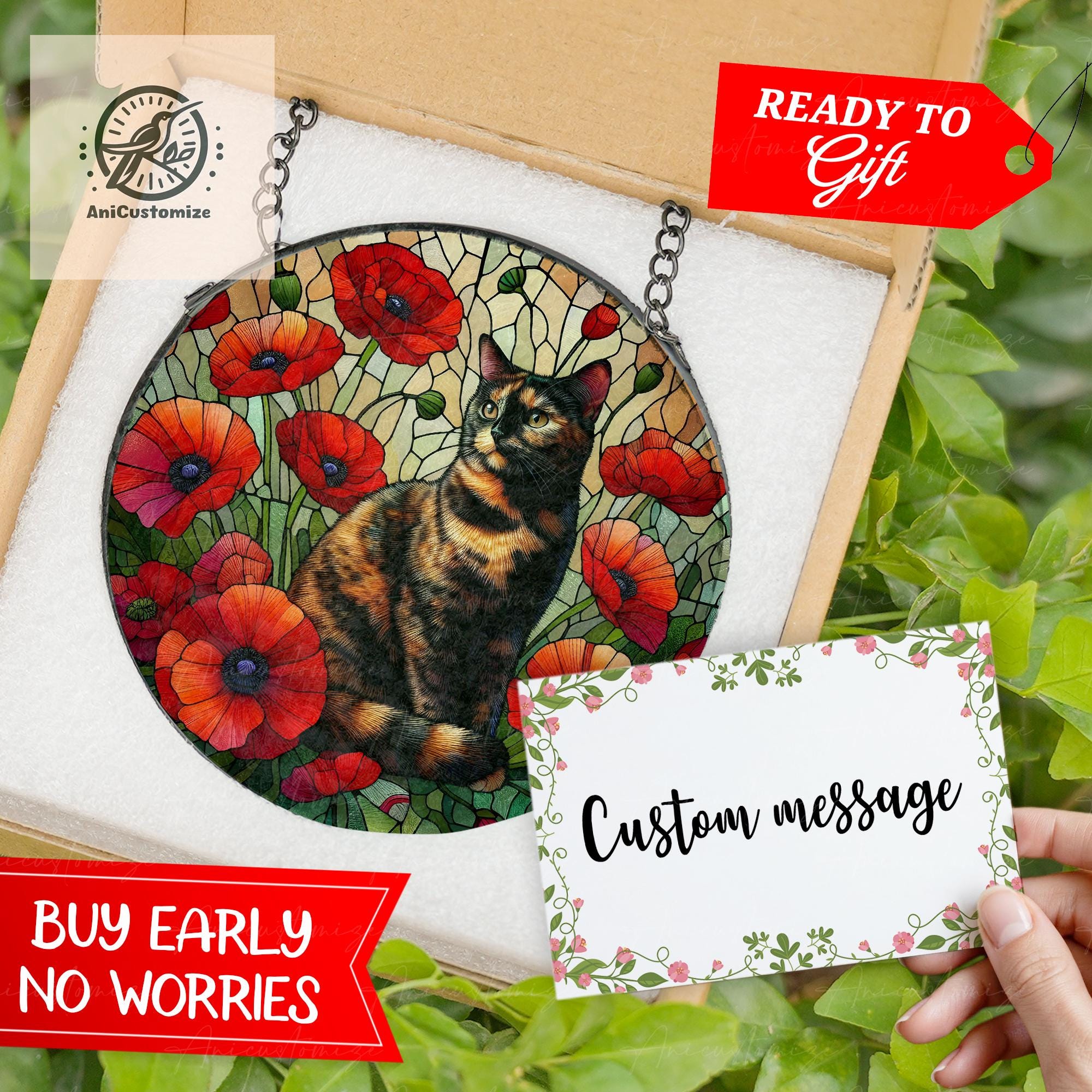 Tortoiseshell Cat Among Poppy Flower GLASS, Cat Decor, Cat Lover, Cat Mom Gift, Cat Memorial, Mother's Day Gift