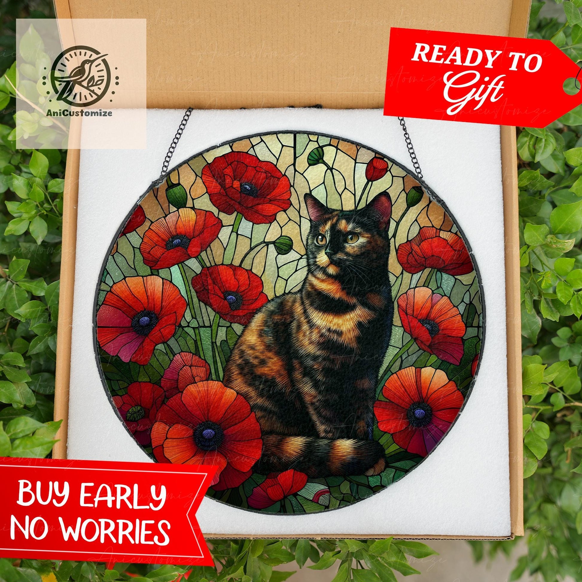 Tortoiseshell Cat Among Poppy Flower GLASS, Cat Decor, Cat Lover, Cat Mom Gift, Cat Memorial, Mother's Day Gift