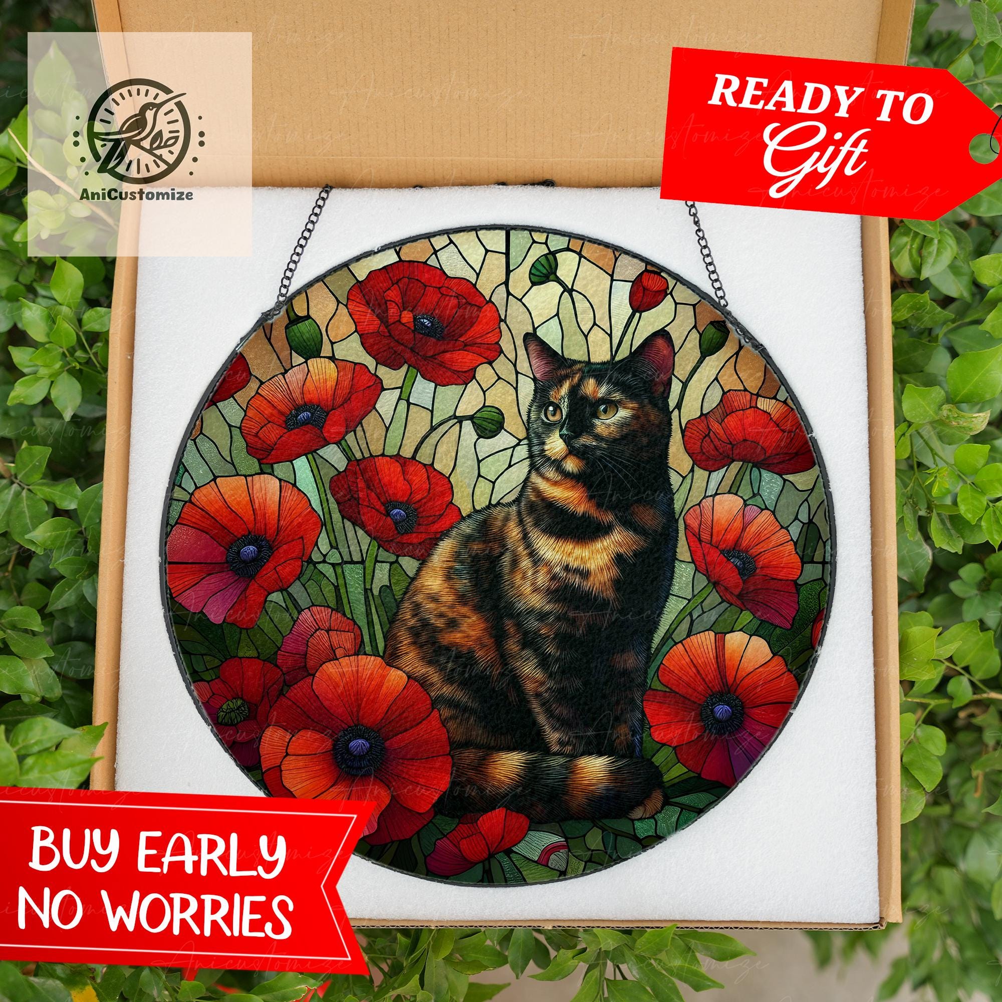 Tortoiseshell Cat Among Poppy Flower GLASS, Cat Decor, Cat Lover, Cat Mom Gift, Cat Memorial, Mother's Day Gift