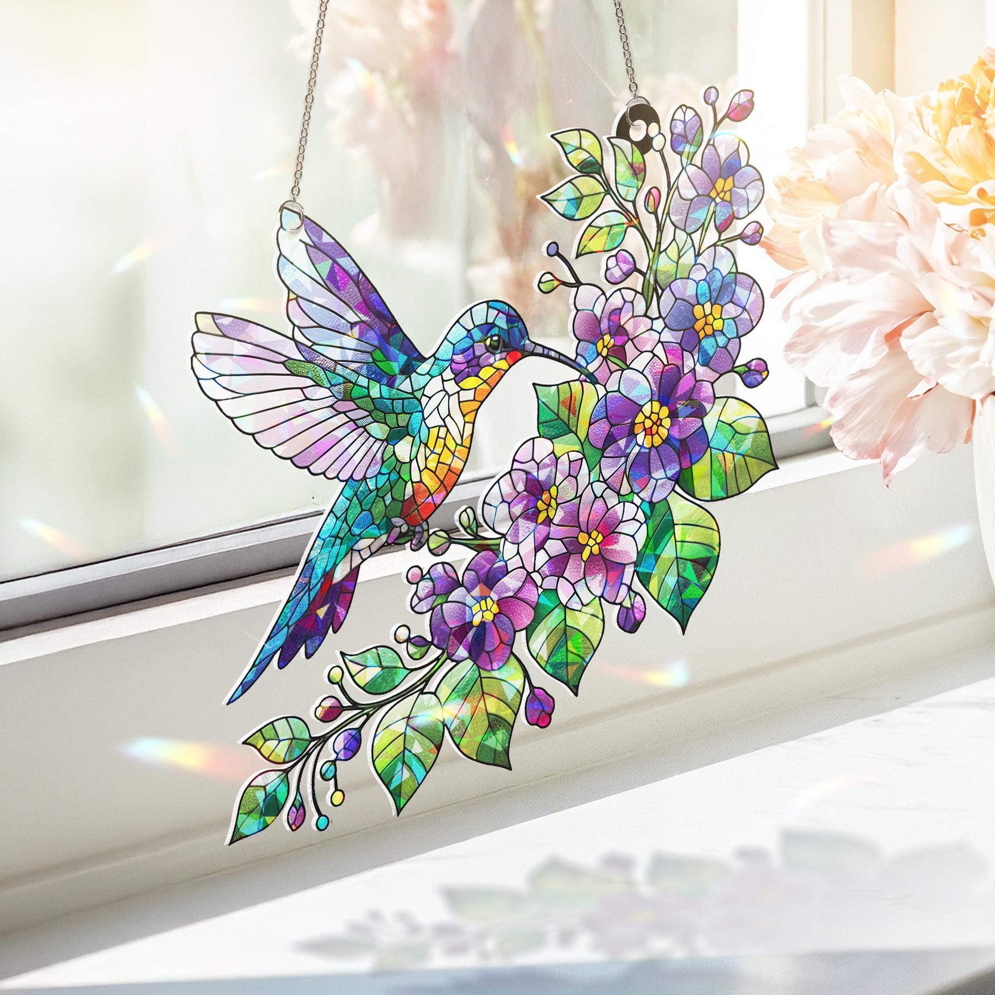 Hologram Violet and hummingbird Acrylic Window hanging, suncatcher hologram window decor, Mother's day gift for mom grandma birth month