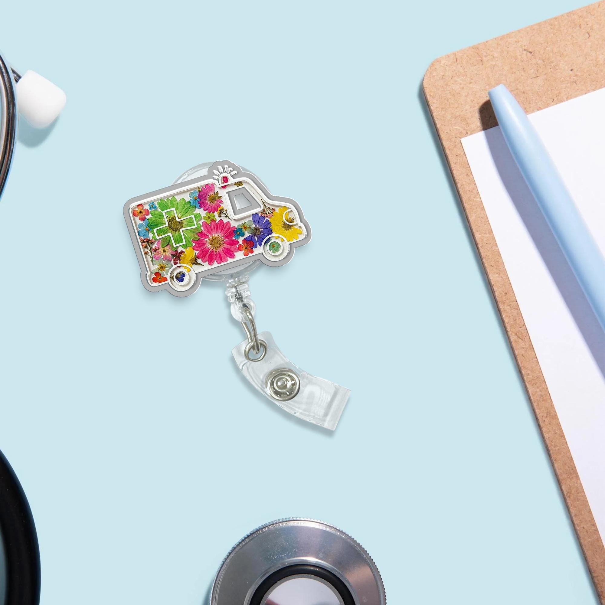 Ambulance Flower Badge Reel for Healthcare Workers, EMS Badge Holder, Emergency Services ID Clip, Nurse, Doctor, Paramedic Gift