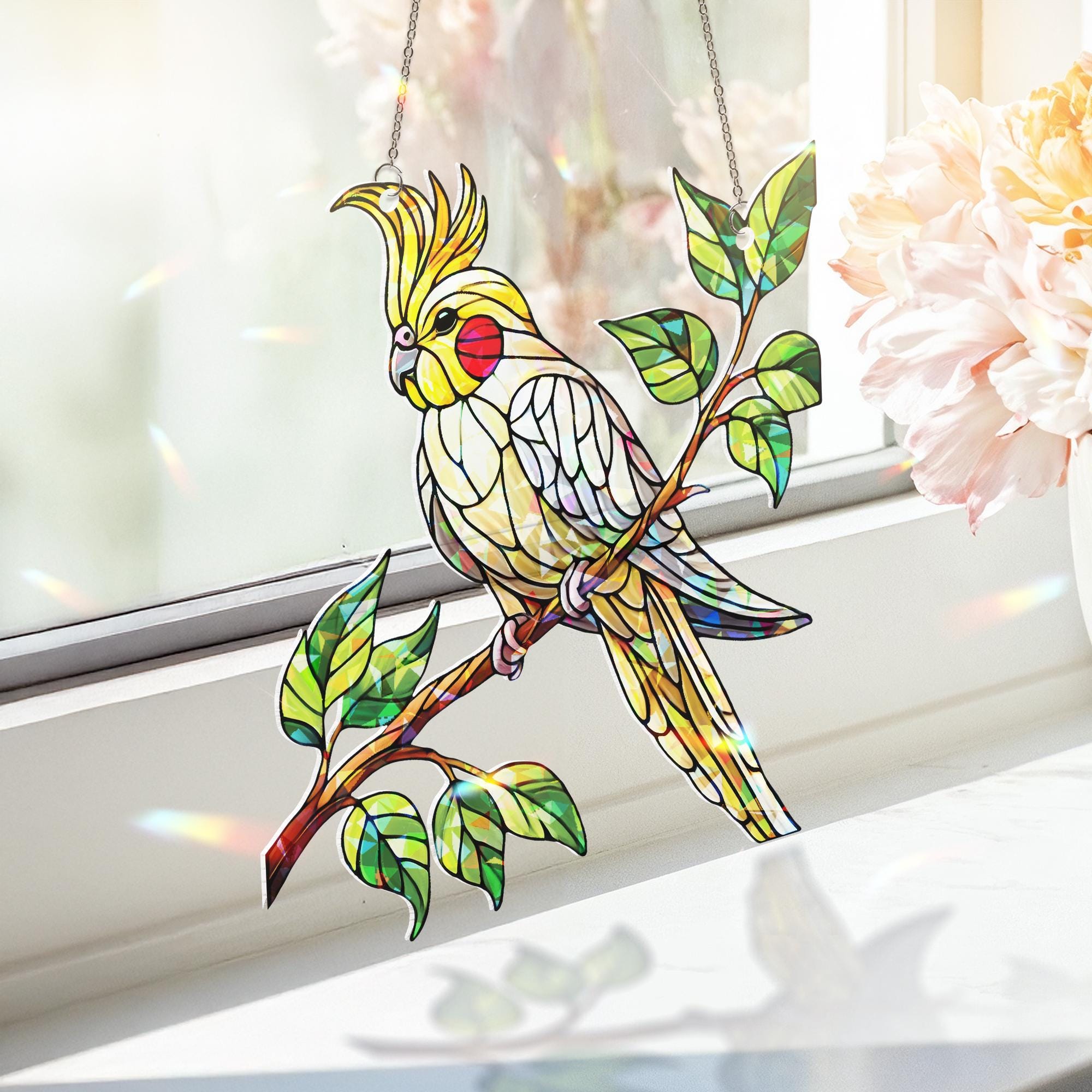Hologram Cockatiel bird on branch Acrylic Window hanging, suncatcher hologram window decor, Mother's day gift for bird mom