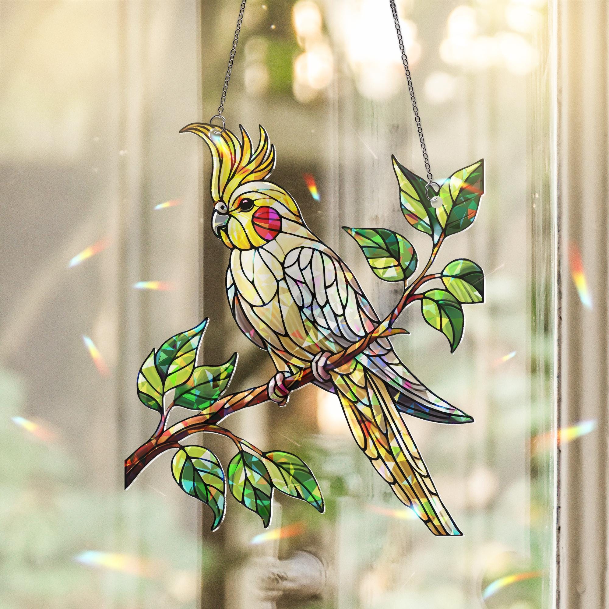 Hologram Cockatiel bird on branch Acrylic Window hanging, suncatcher hologram window decor, Mother's day gift for bird mom
