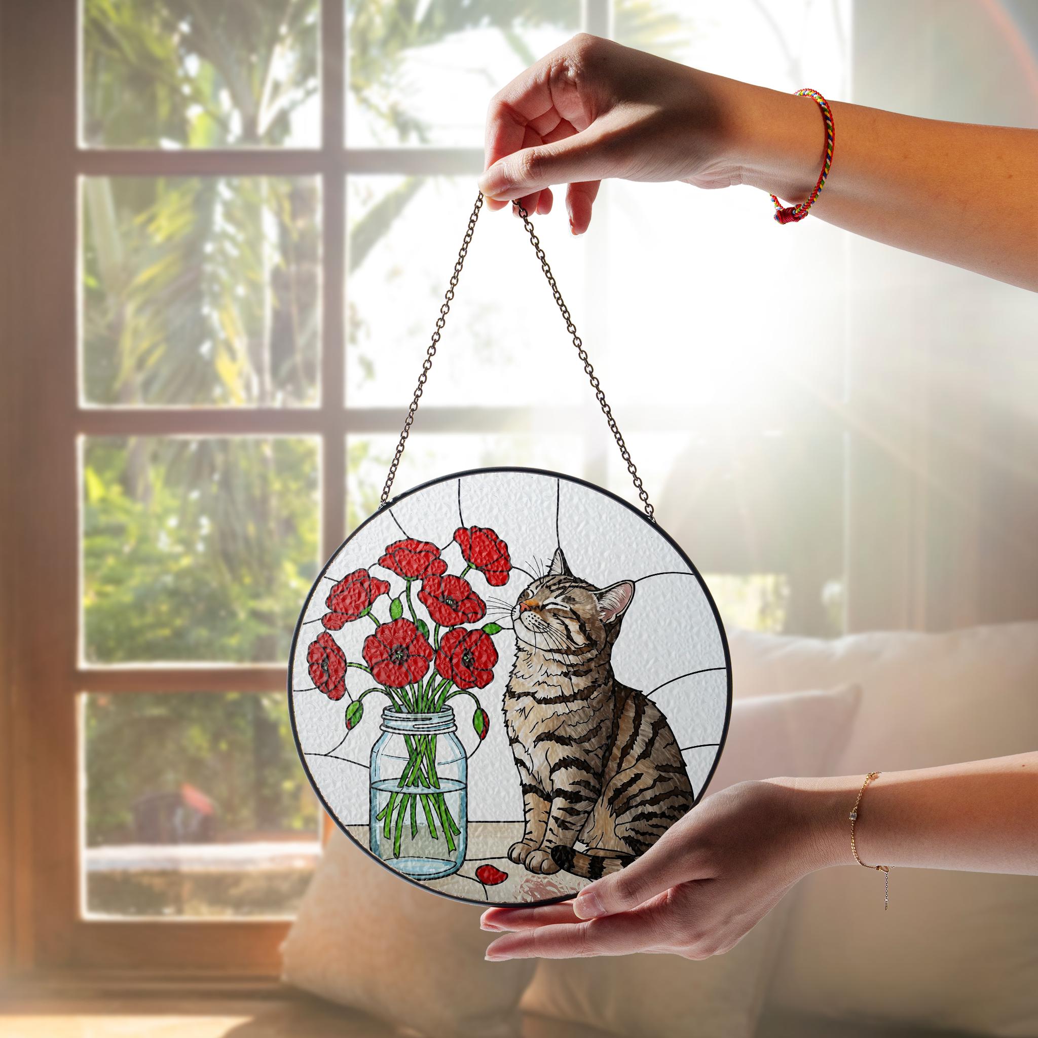 Tabby Cat and red poppies Glass Suncatcher, Mother's day gift for cat mom, Birth month flowers window hanging, Tabby cat lover gift