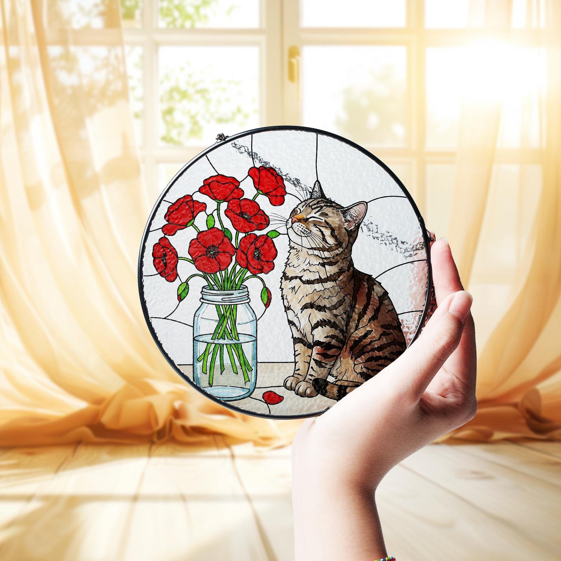 Tabby Cat and red poppies Glass Suncatcher, Mother's day gift for cat mom, Birth month flowers window hanging, Tabby cat lover gift