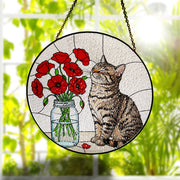 Tabby Cat and red poppies Glass Suncatcher, Mother's day gift for cat mom, Birth month flowers window hanging, Tabby cat lover gift