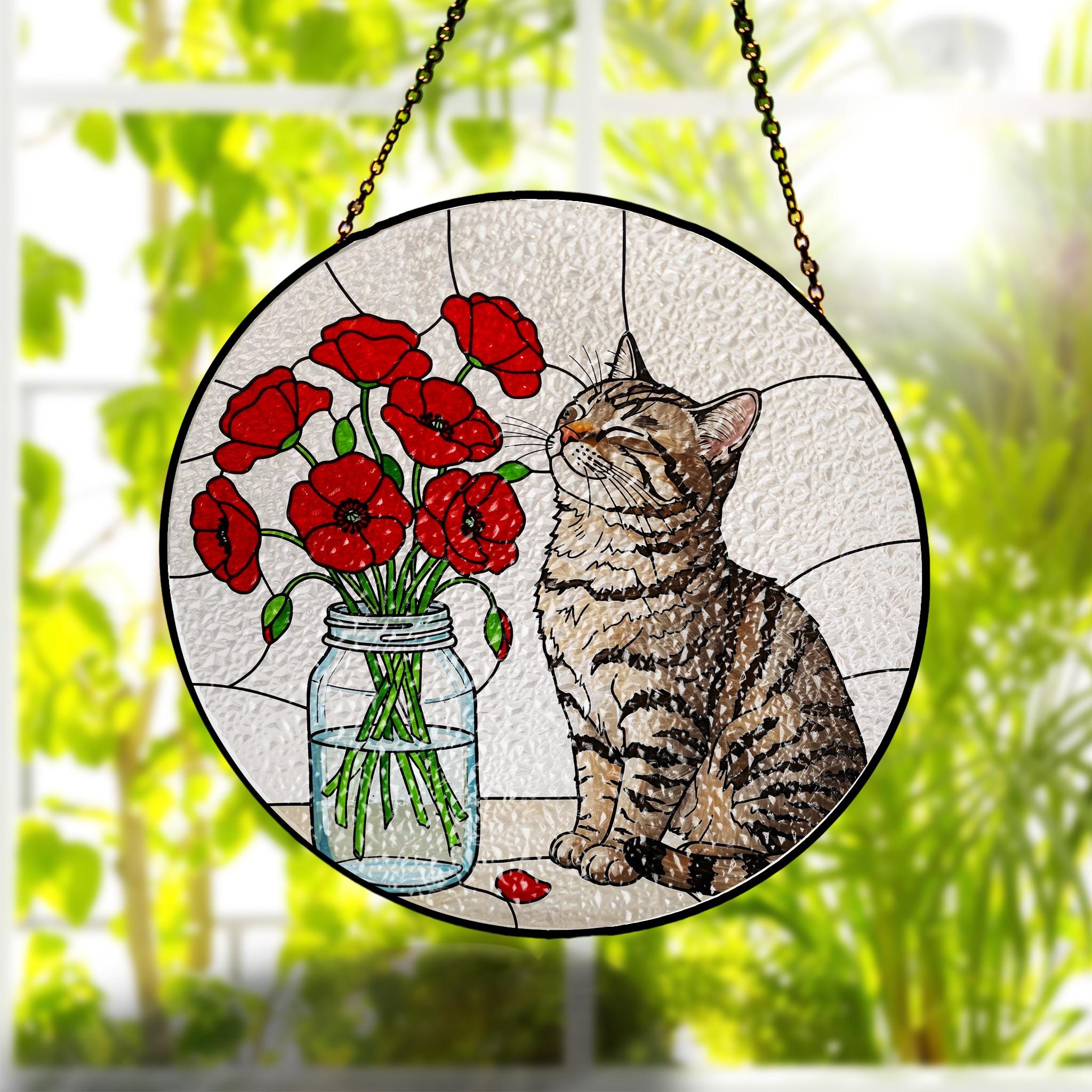 Tabby Cat and red poppies Glass Suncatcher, Mother's day gift for cat mom, Birth month flowers window hanging, Tabby cat lover gift