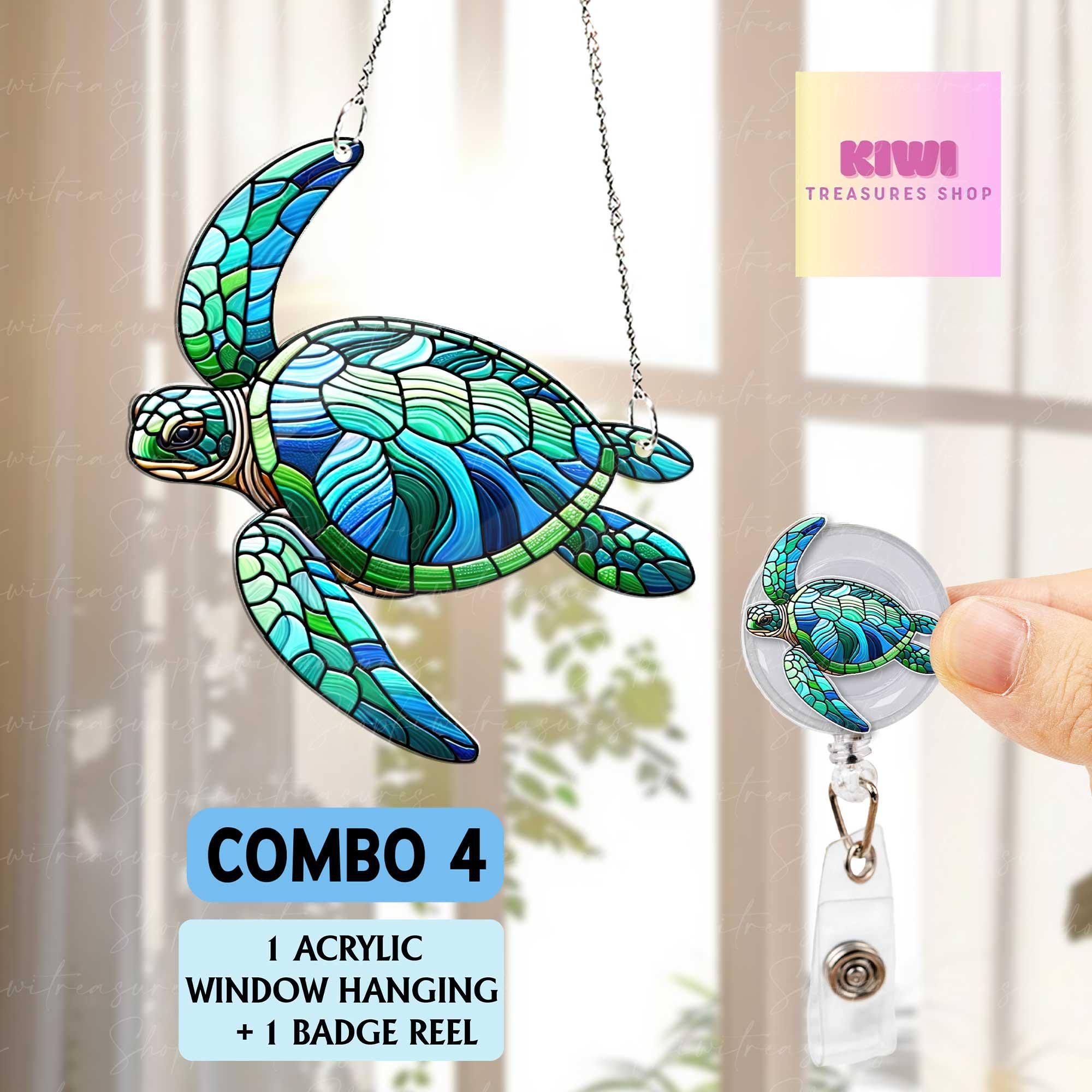 Special gift set - Sea Turtle ACRYLIC window hanging, Turtle Window Hangings, turtle lovers gift,, Faux Stained Glass