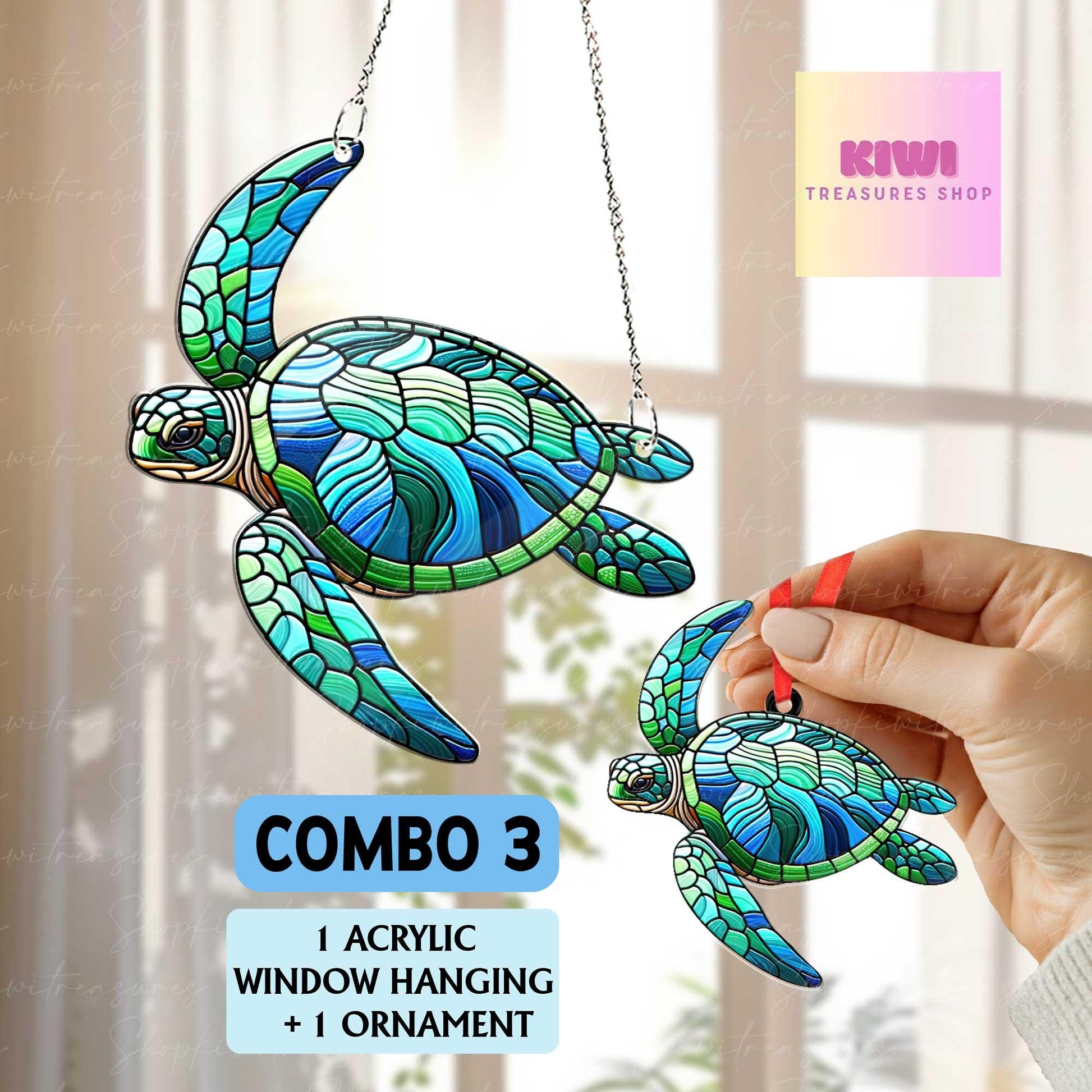 Special gift set - Sea Turtle ACRYLIC window hanging, Turtle Window Hangings, turtle lovers gift,, Faux Stained Glass