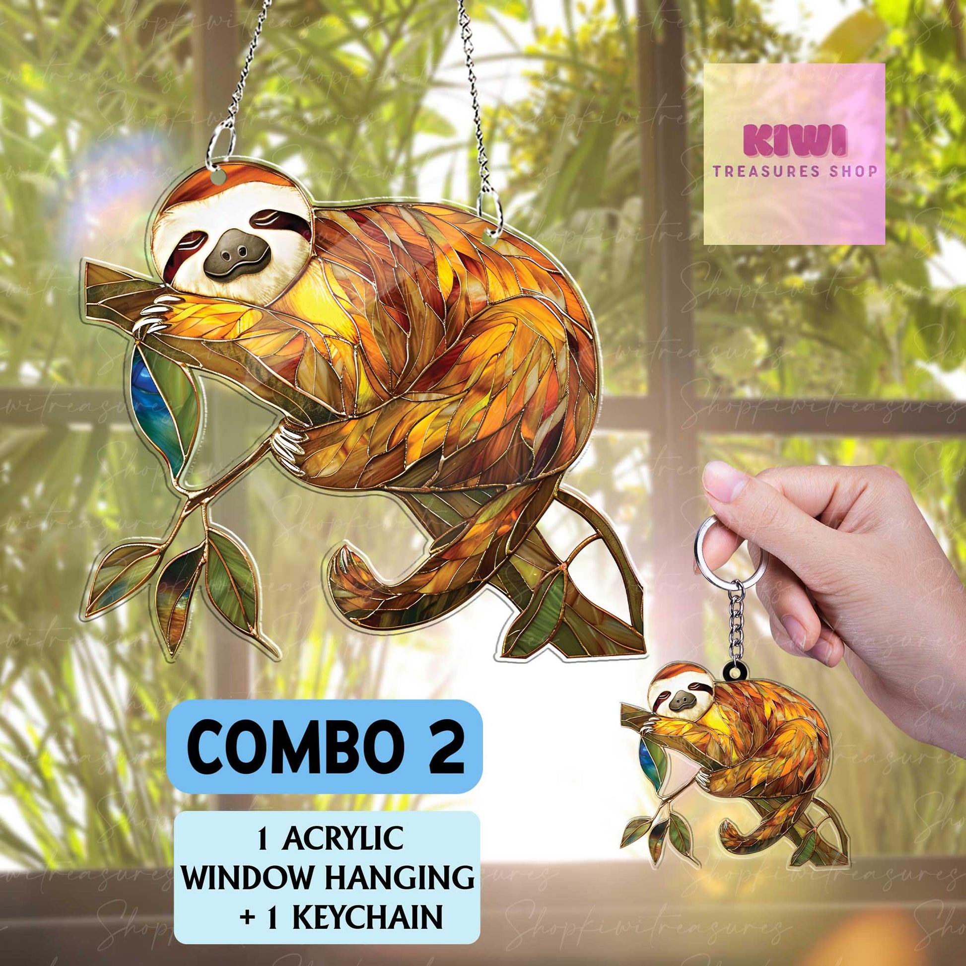 Sloth Acrylic Suncatcher, Hanging Window Decor with Leaves, Lazy Animal Gift, Relaxing Boho Home Accent