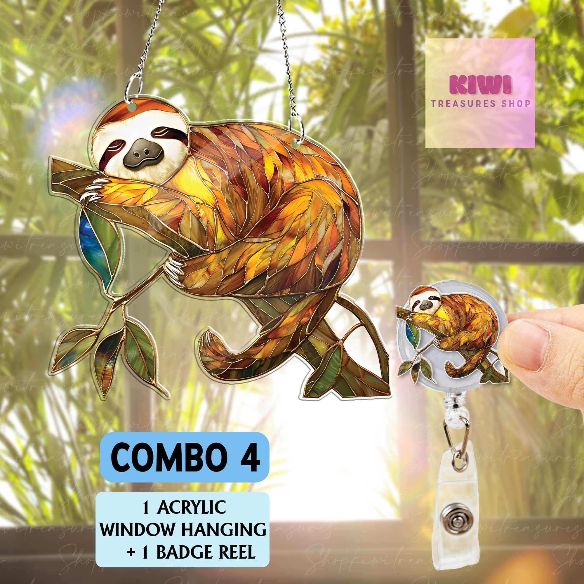 Sloth Acrylic Suncatcher, Hanging Window Decor with Leaves, Lazy Animal Gift, Relaxing Boho Home Accent