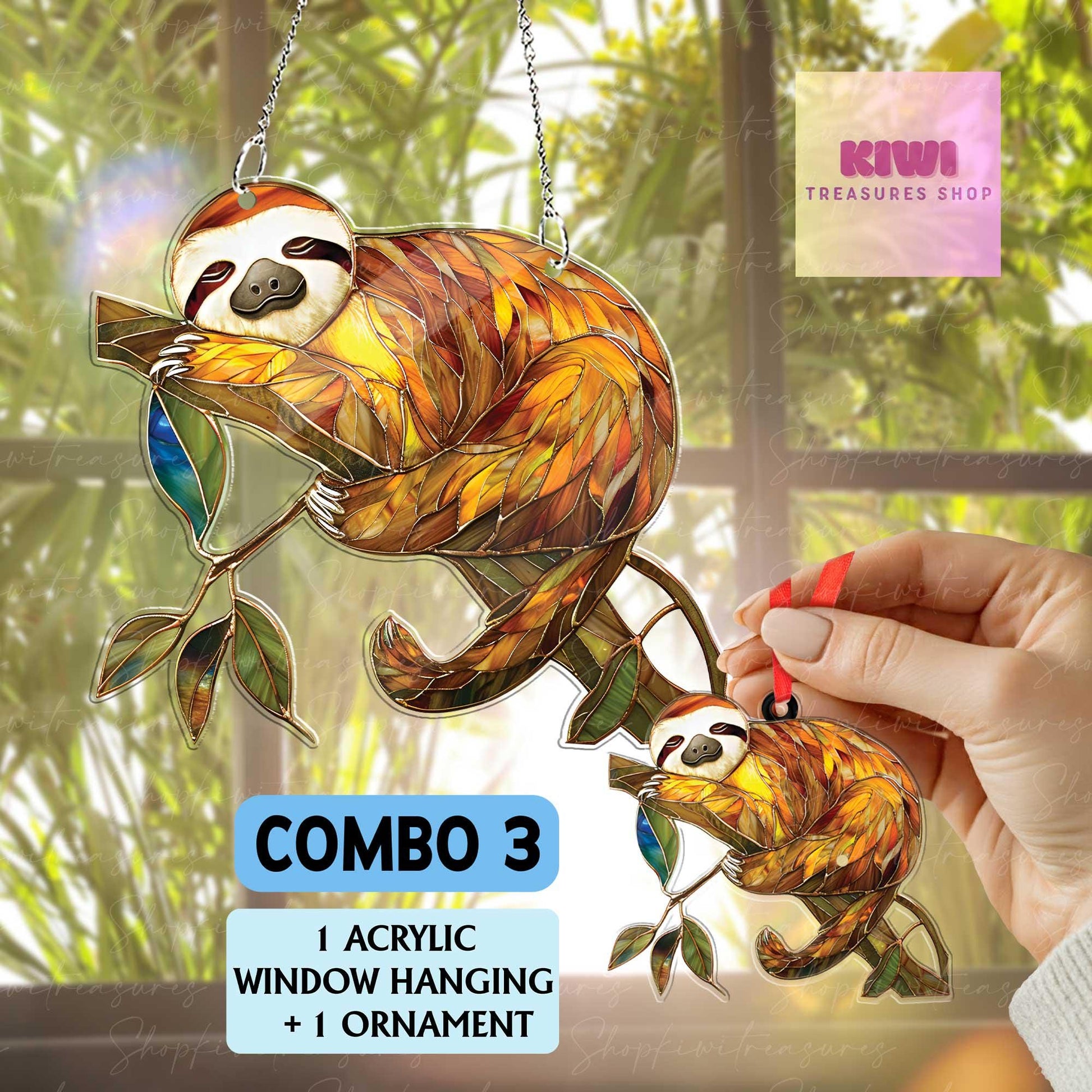 Sloth Acrylic Suncatcher, Hanging Window Decor with Leaves, Lazy Animal Gift, Relaxing Boho Home Accent