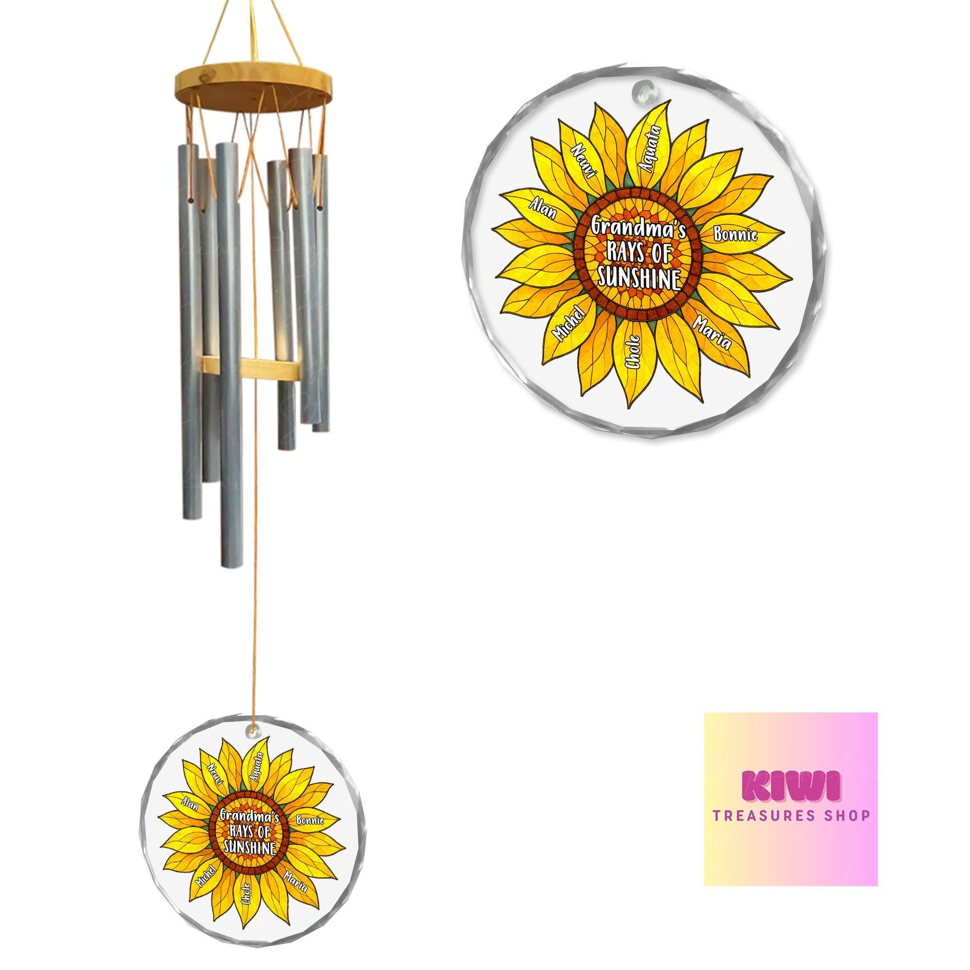 Grandma Wind Chime Gift with Grandkids Names – Sunflower Garden Windchime – Personalized Mother's Day Gift for Grandma from Grandchildren