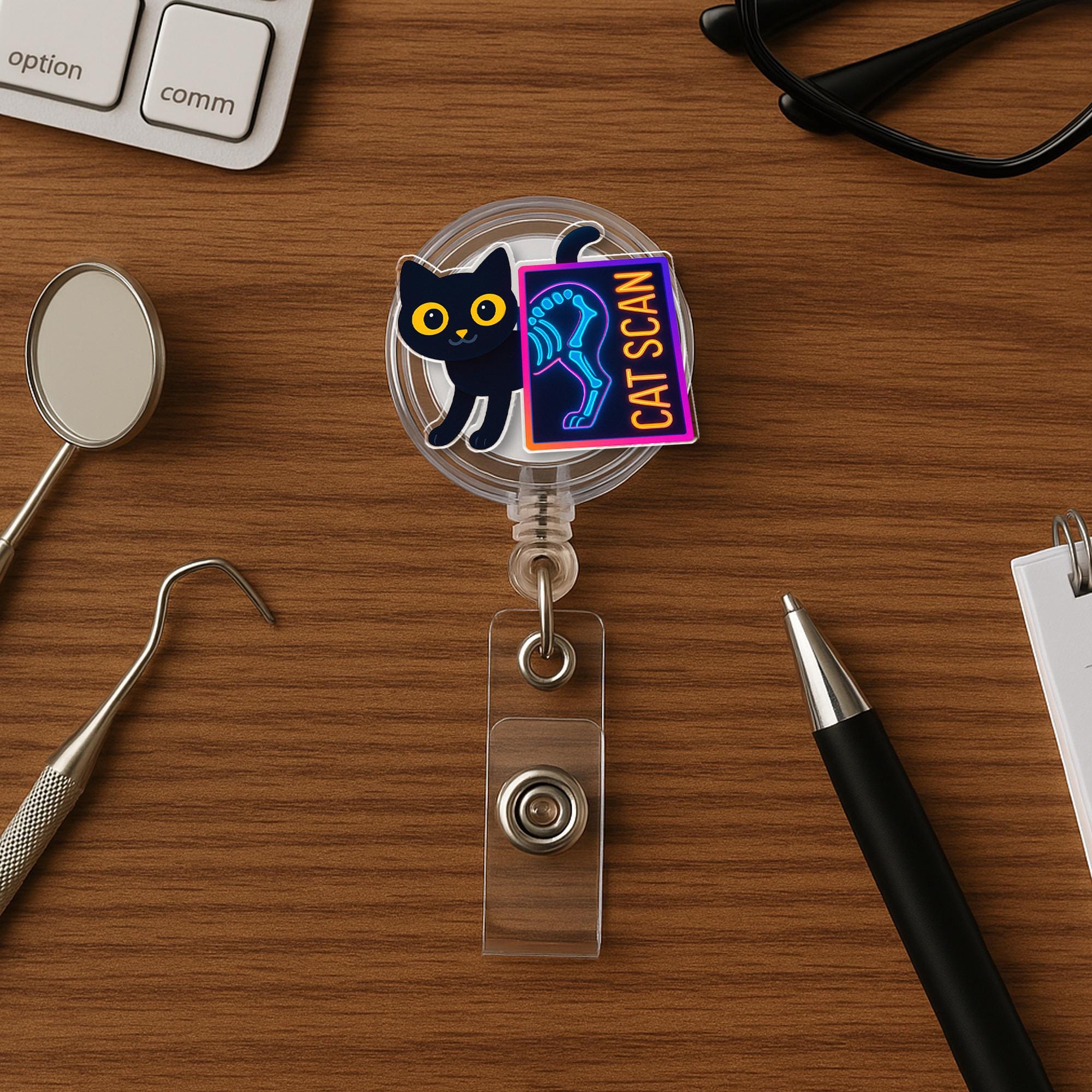 Funny Cat Scan Badge Reel | Holographic ID Holder for Nurses & Techs | Radiology Pun Badge | Cute Gift for Cat Lovers, Medical Staff