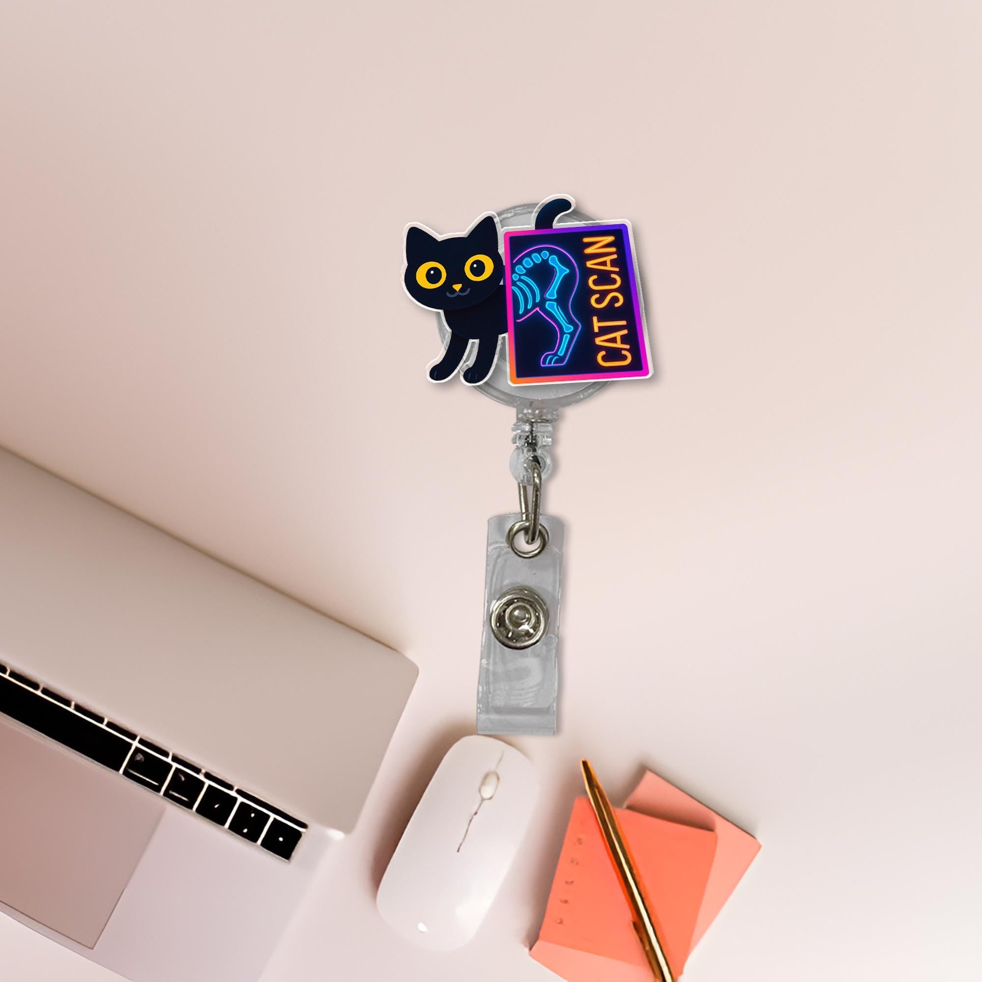Funny Cat Scan Badge Reel | Holographic ID Holder for Nurses & Techs | Radiology Pun Badge | Cute Gift for Cat Lovers, Medical Staff