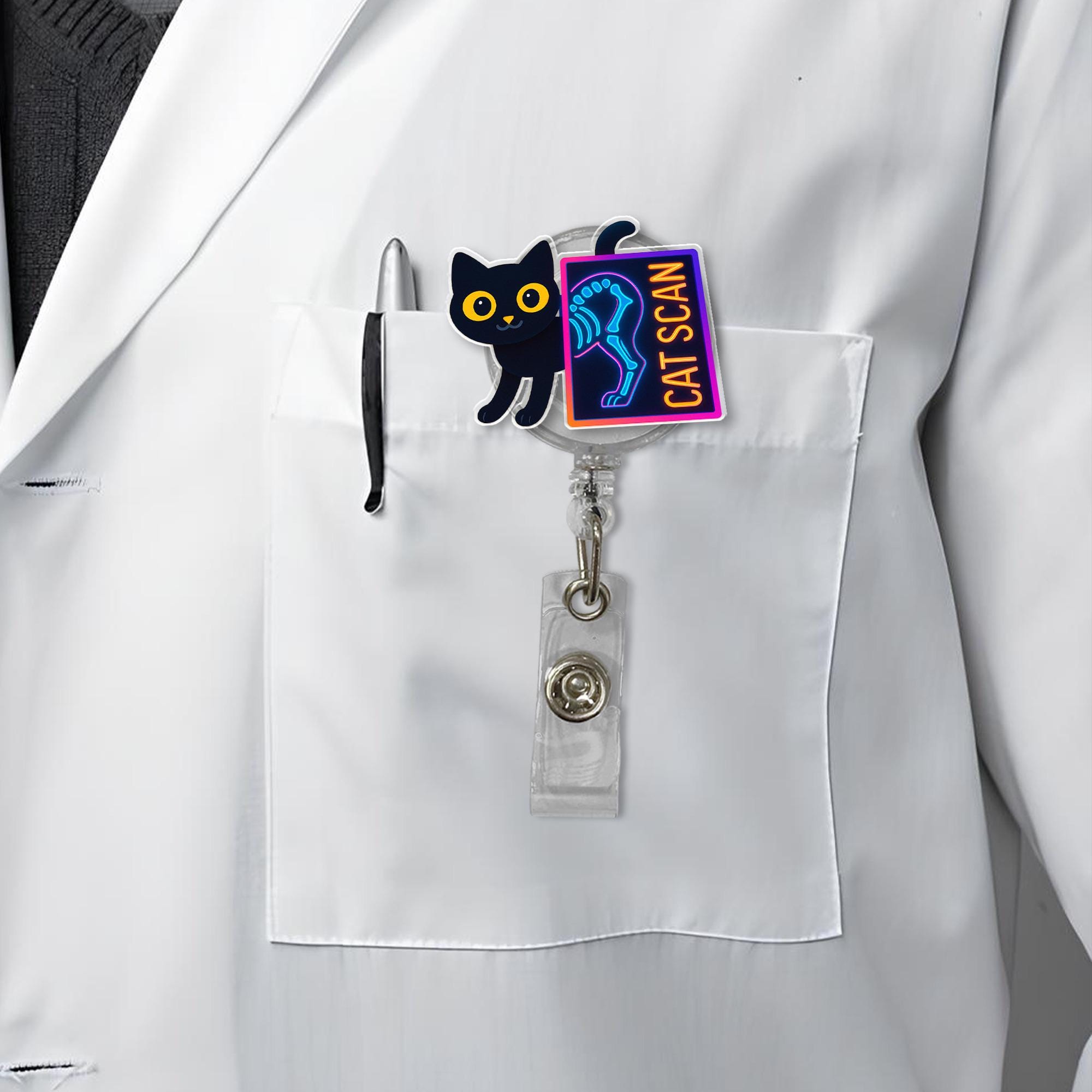 Funny Cat Scan Badge Reel | Holographic ID Holder for Nurses & Techs | Radiology Pun Badge | Cute Gift for Cat Lovers, Medical Staff