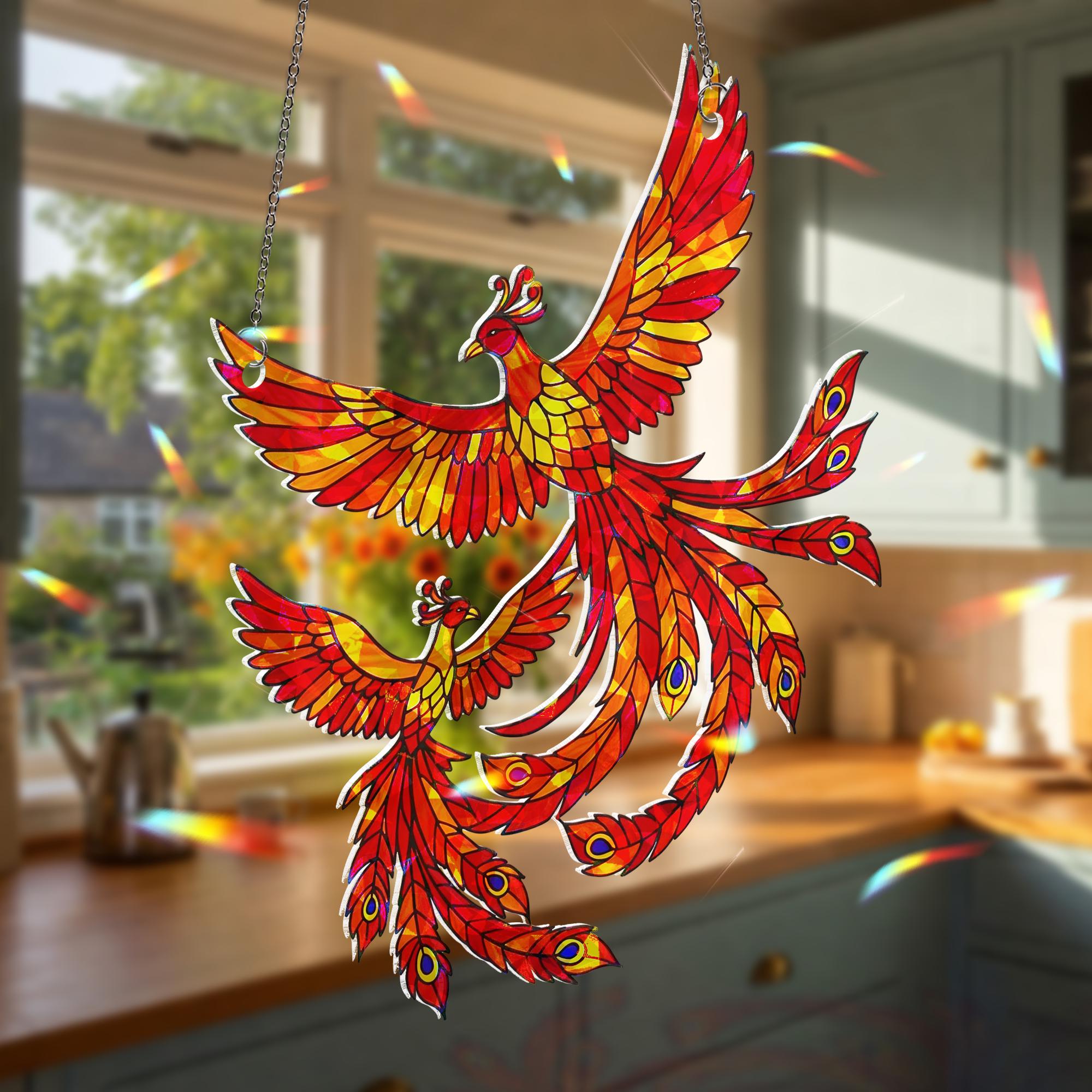 Phoenix Motherhood Suncatcher | Holographic Acrylic Window Hanging | Firebird Love Decor | Mother's Day Gift | Stained Glass Style Birds