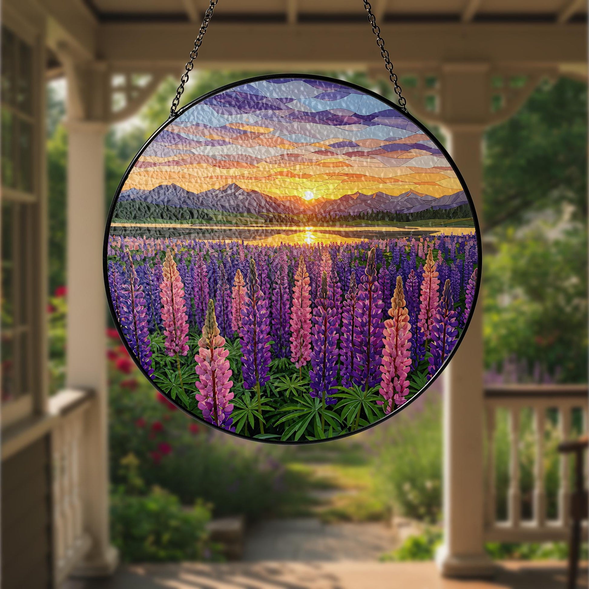 Lupine Flower Field GLASS Suncatcher,  Glass Wildflower Art, Sunset Window Hanging, Nature Decor, Floral Gift for Her, Elegant Home decor