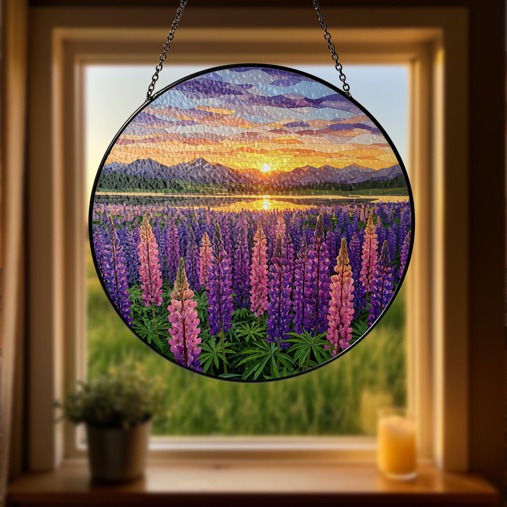 Lupine Flower Field GLASS Suncatcher,  Glass Wildflower Art, Sunset Window Hanging, Nature Decor, Floral Gift for Her, Elegant Home decor