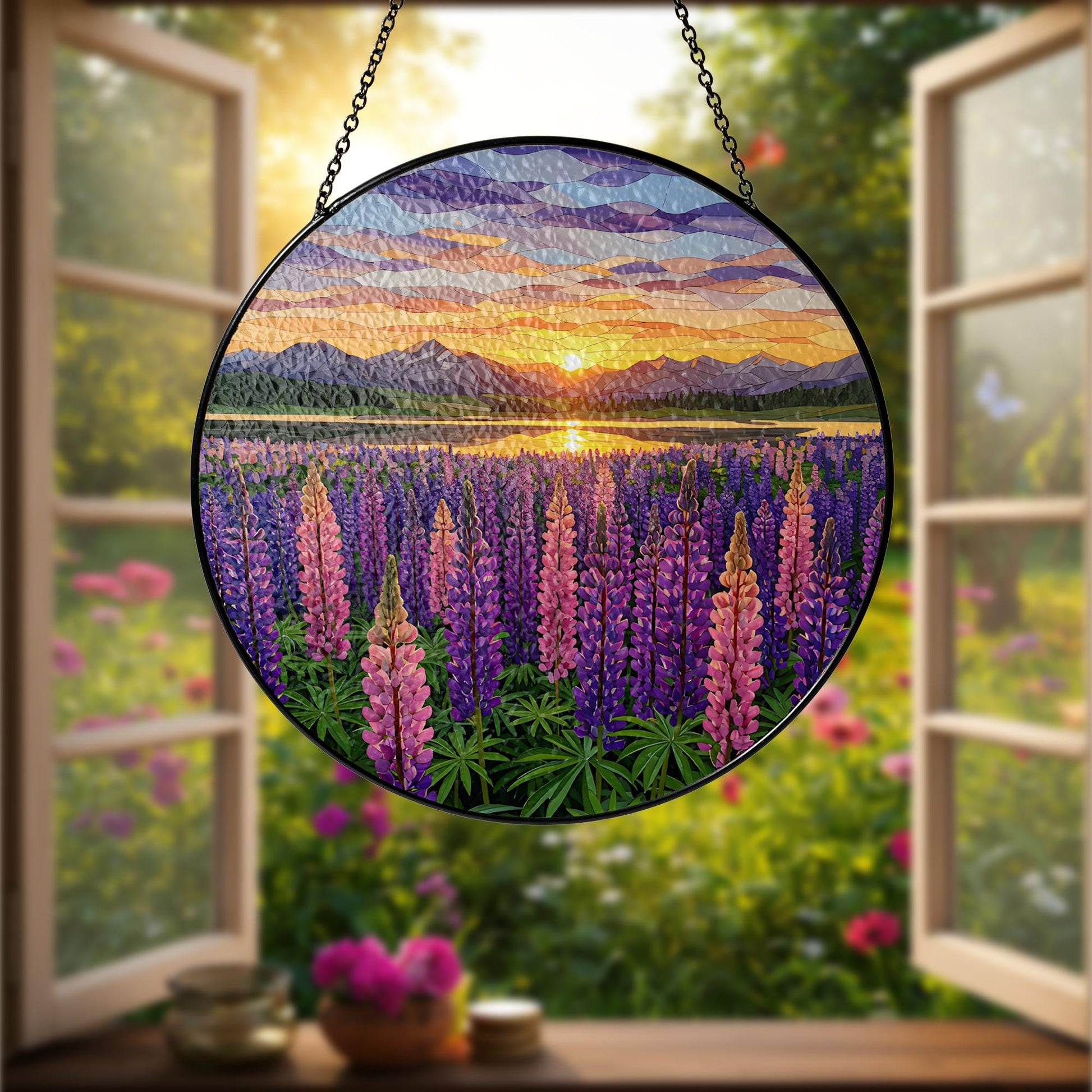 Lupine Flower Field GLASS Suncatcher,  Glass Wildflower Art, Sunset Window Hanging, Nature Decor, Floral Gift for Her, Elegant Home decor