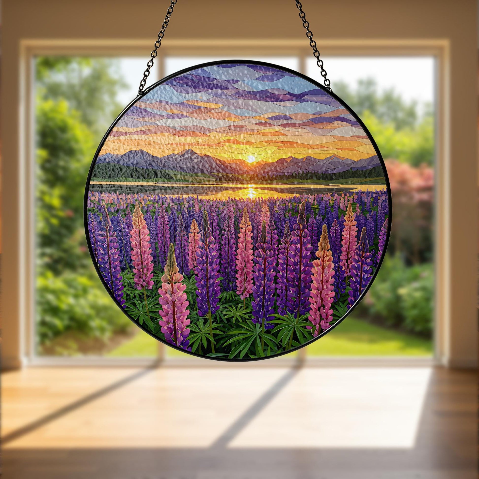 Lupine Flower Field GLASS Suncatcher,  Glass Wildflower Art, Sunset Window Hanging, Nature Decor, Floral Gift for Her, Elegant Home decor