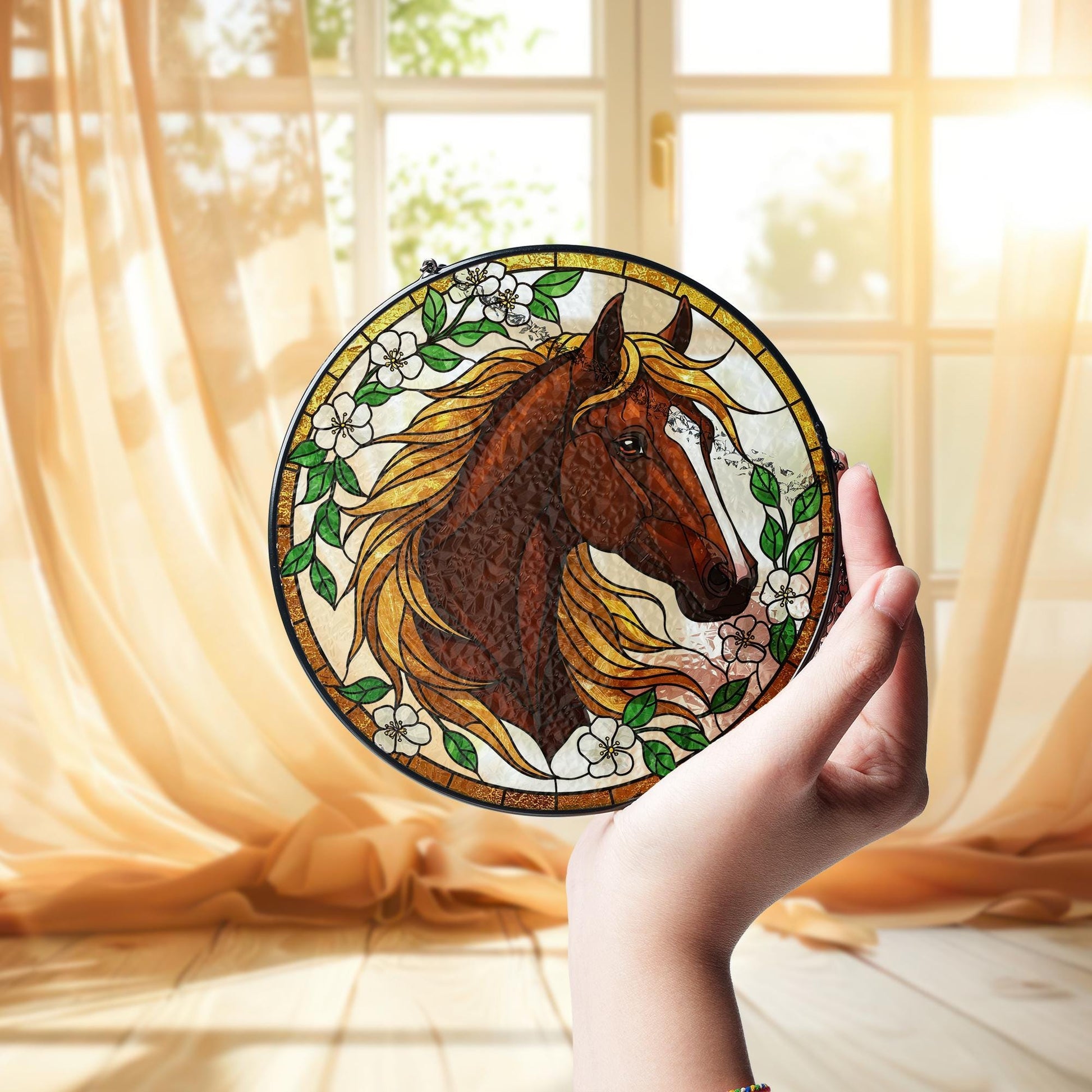 Equestrian Horse Glass Suncatcher – Window Hanging Gift for Mom, Horse Lover Decor, Mother's Day, Barn Home Accent, Rustic Charm, Dad Gift