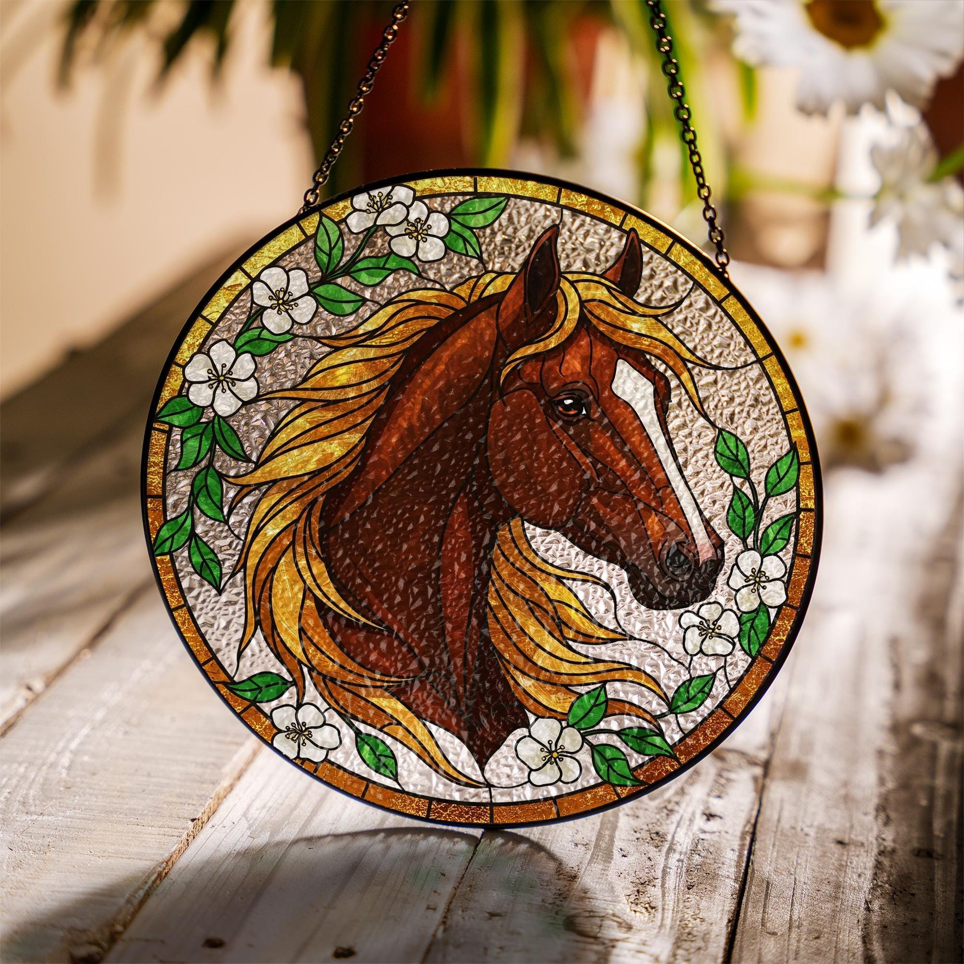 Equestrian Horse Glass Suncatcher – Window Hanging Gift for Mom, Horse Lover Decor, Mother's Day, Barn Home Accent, Rustic Charm, Dad Gift