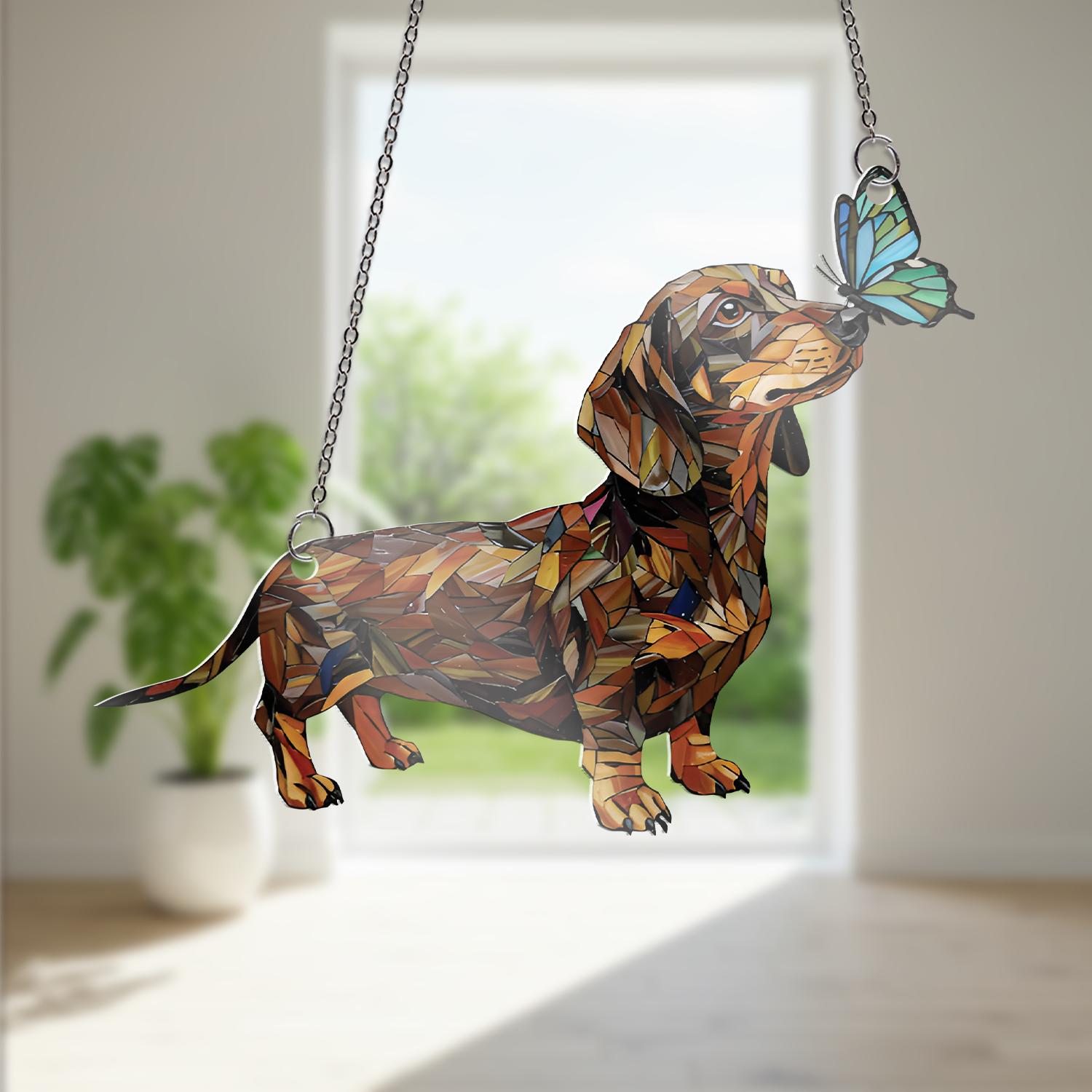 Dachshund with Butterfly, Acrylic Window Hanging, Cute Dog Suncatcher, Wiener Dog Gift, Pet Lover Home Decor, Dachshund Mom Gift, Dog Mom