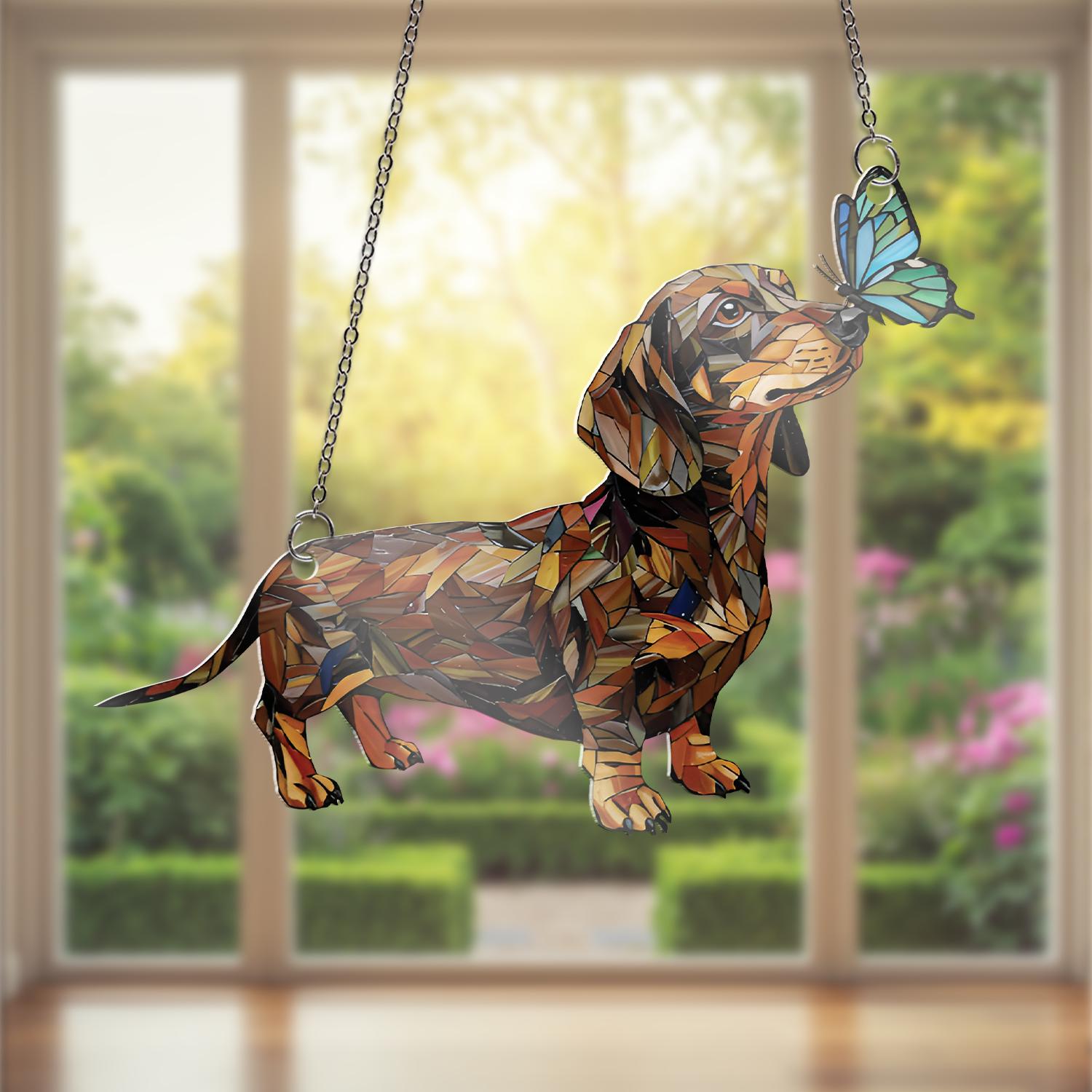 Dachshund with Butterfly, Acrylic Window Hanging, Cute Dog Suncatcher, Wiener Dog Gift, Pet Lover Home Decor, Dachshund Mom Gift, Dog Mom